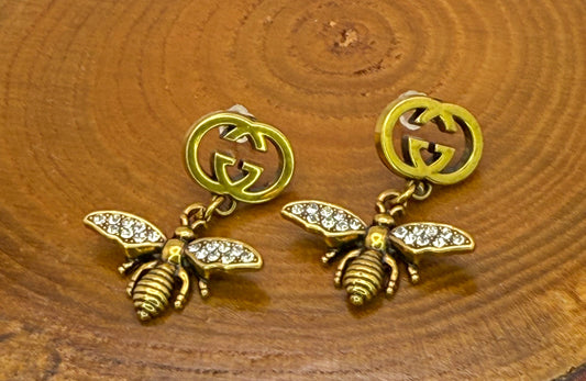 Antique Gold GG Designer Bumble Bee Stud Earrings