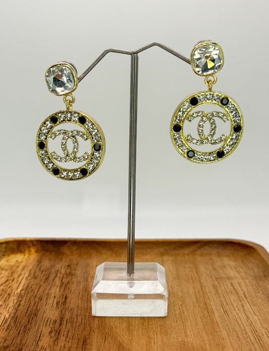 Gold Sparkling CC Designer Stud Earrings