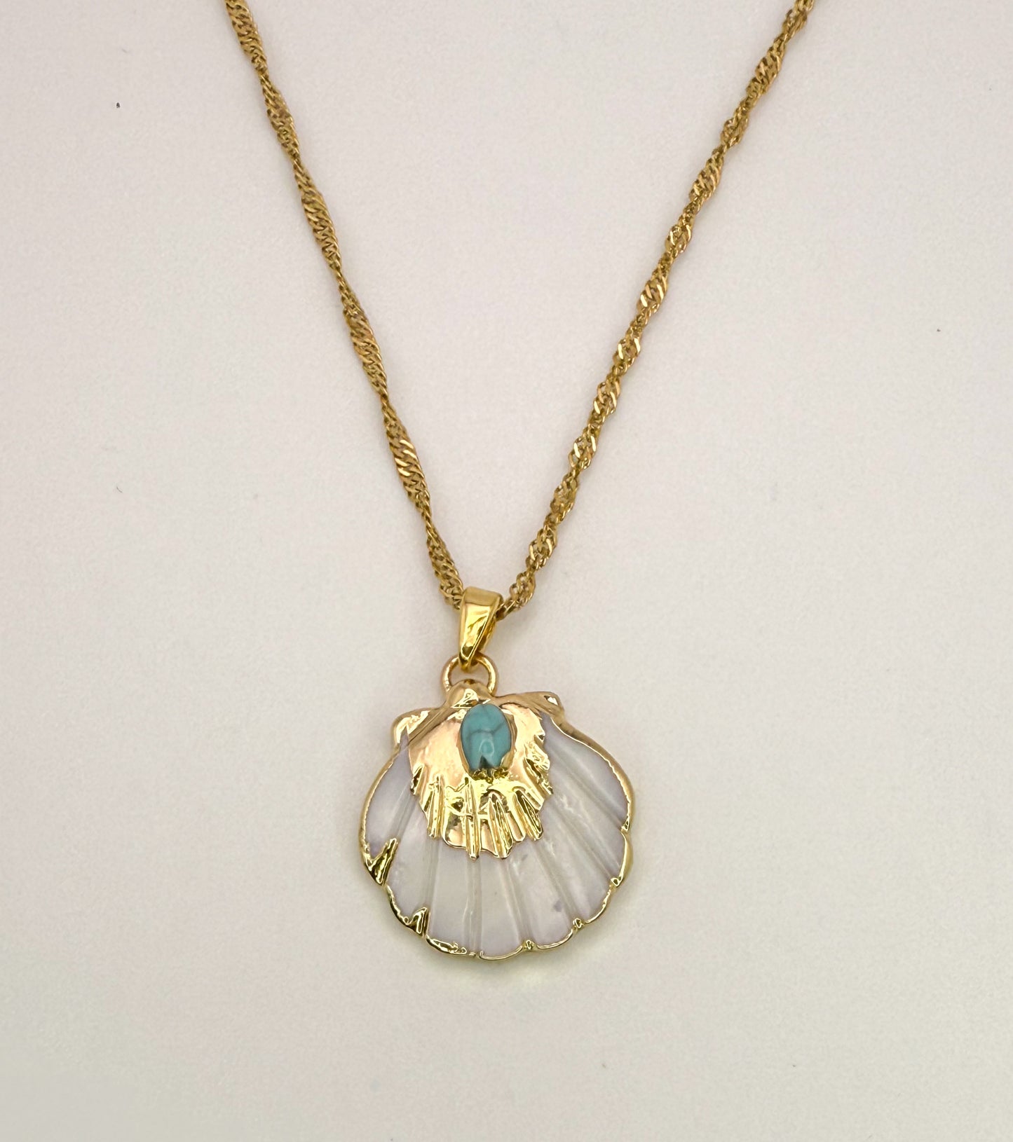 Nature’s Beauty Necklace-Natural Shell with Natural Turquoise Gemstone, Gold Stainless Steel Pendant Necklace