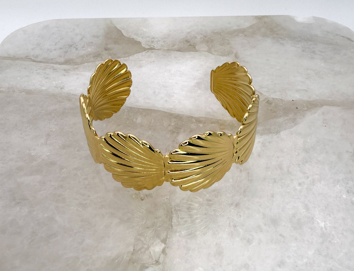 Scallop SeaShell Stainless Steel Gold or Silver Plated Open Back Adjustable Cuff Bangle Bracelet
