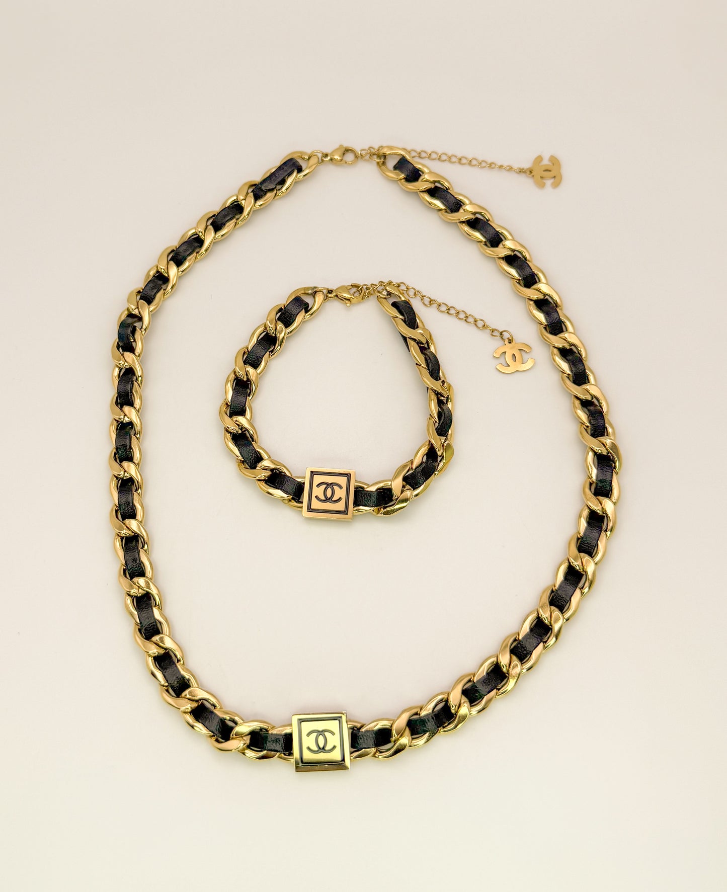 Chanel Gold & Leather Necklace Bracelet Set