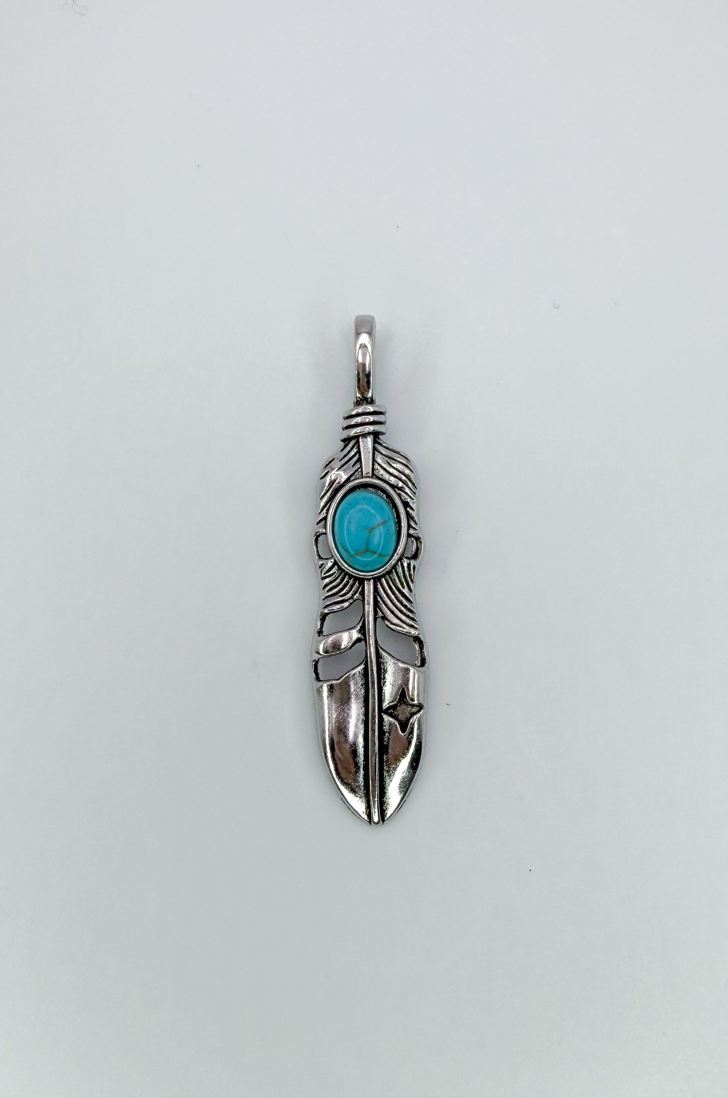 Silver Feather Pendant with Turquoise Stone in Center