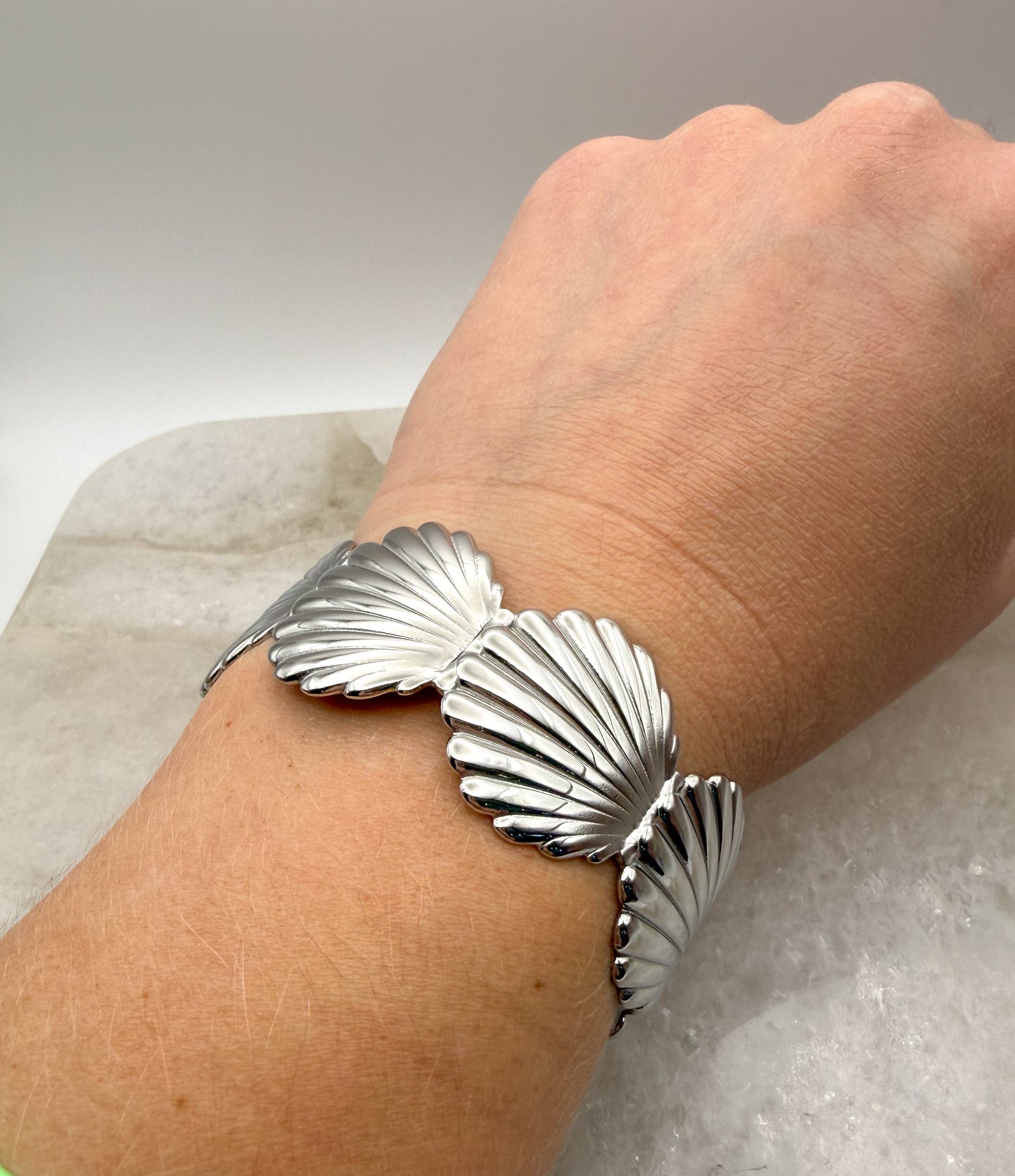 Scallop SeaShell Stainless Steel Gold or Silver Plated Open Back Adjustable Cuff Bangle Bracelet