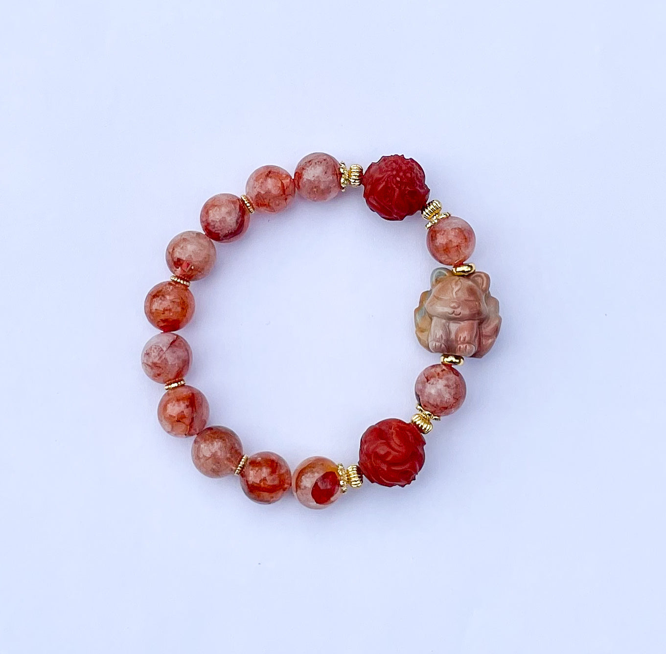 Natural Fire Quartz with Natural Alashan Agate & Red Jasper 9 Tailed Fox Crystal Carving Beaded Stretch Adjustable Bracelet