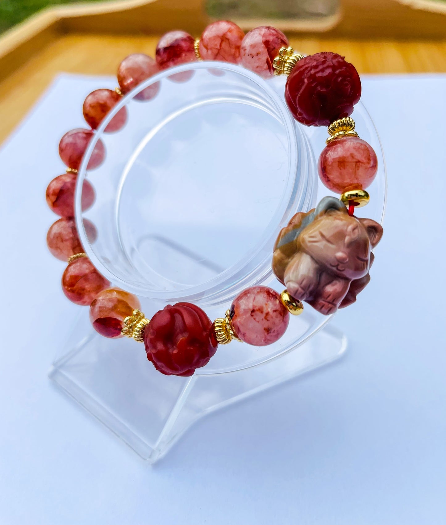 Natural Fire Quartz with Natural Alashan Agate & Red Jasper 9 Tailed Fox Crystal Carving Beaded Stretch Adjustable Bracelet