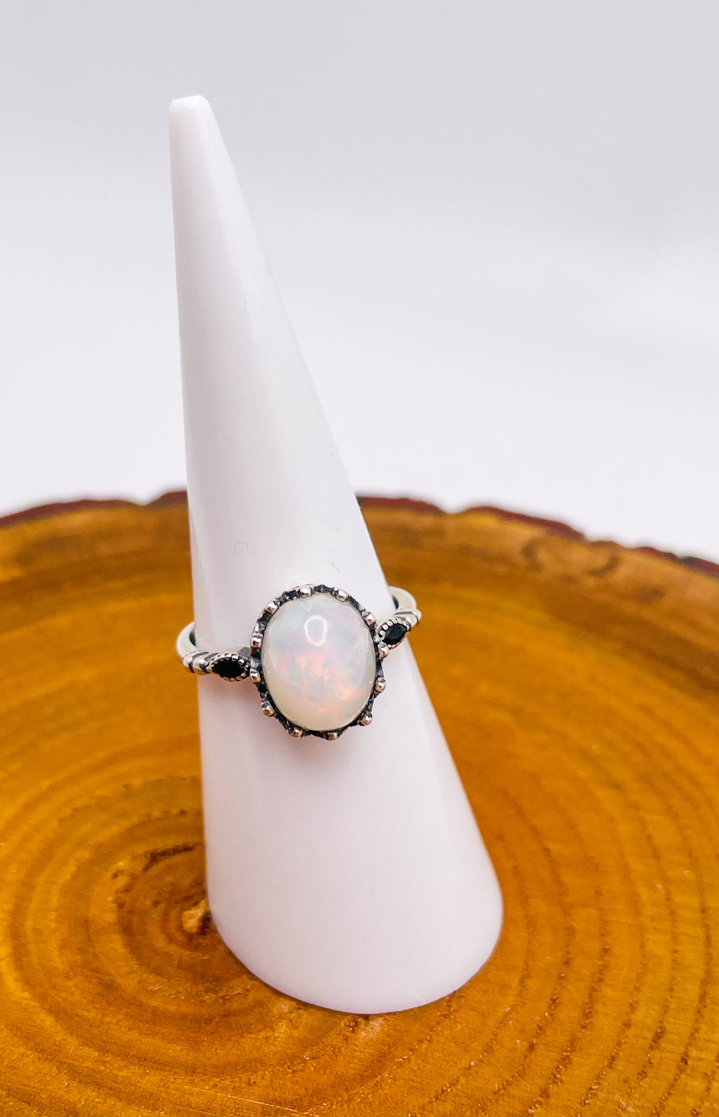 Sterling Silver Big White Opal Statement Adjustable Ring