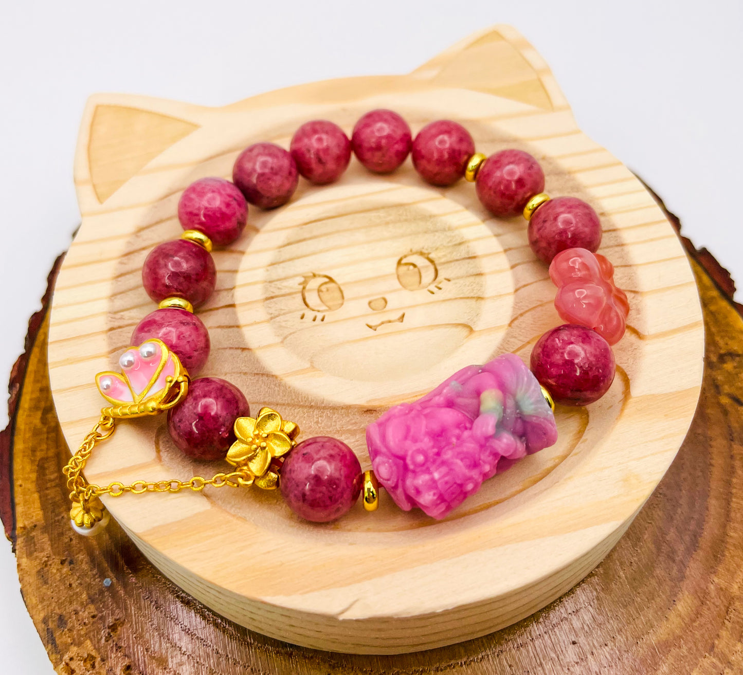 Goddess of Protection Drashi Llamo Pink Rhodonite Statement Bracelet