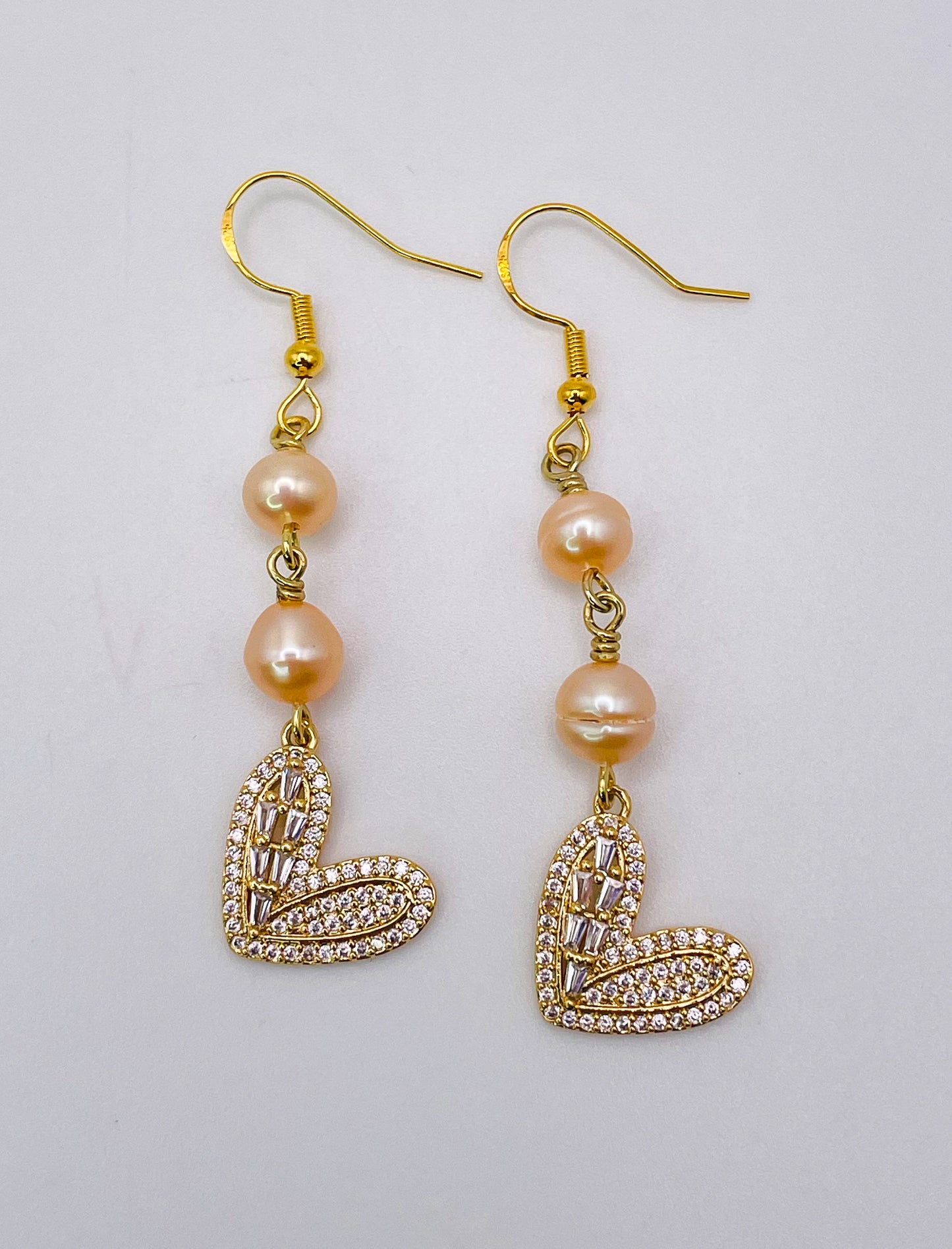 Bling Heart Earrings with Freshwater Pink Pearls