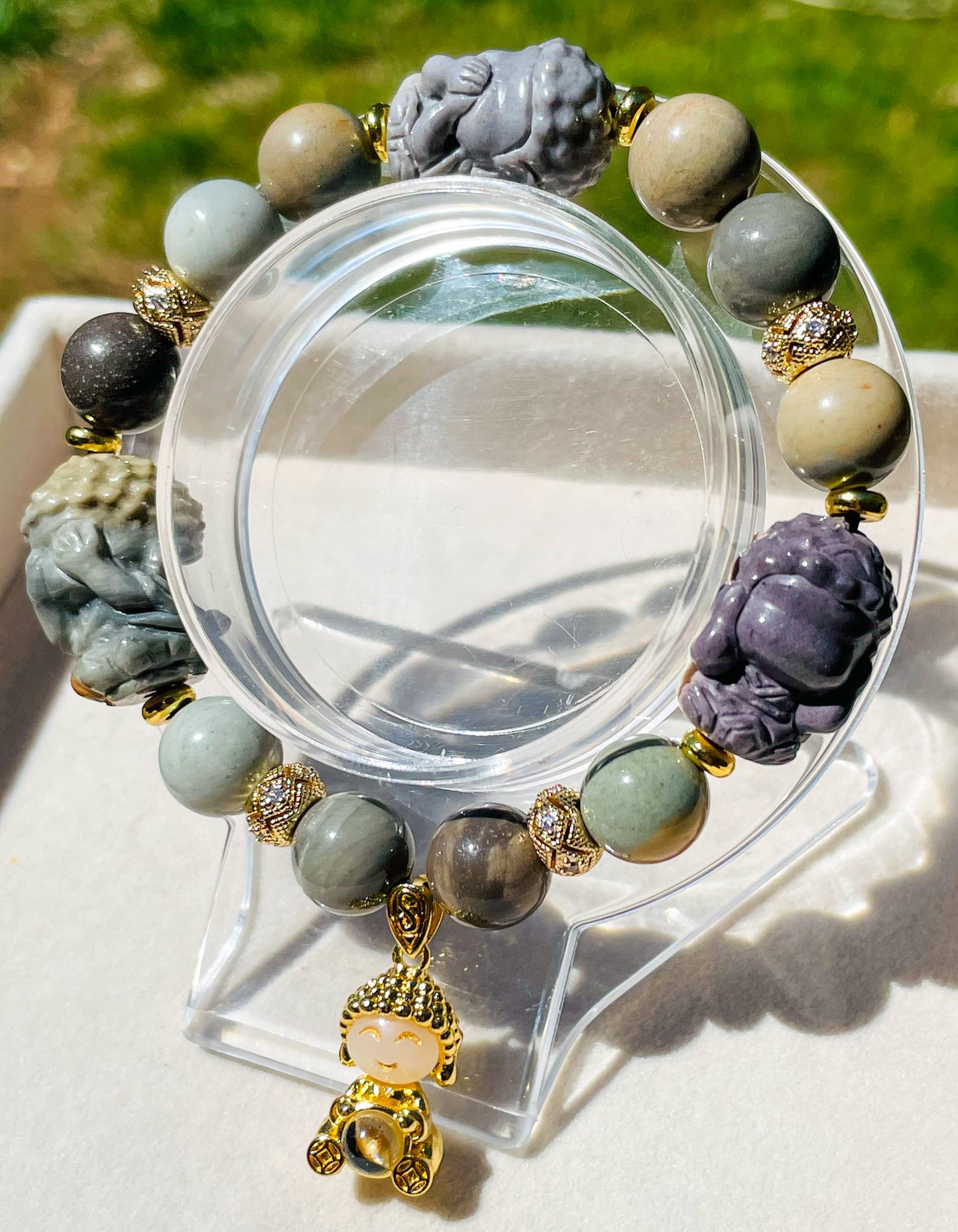 Hear, See & Speak No Evil Baby Budda Sitting on Lotus Natural Alashan Agate Crystal Carving Beaded Stretch Adjustable Bracelet