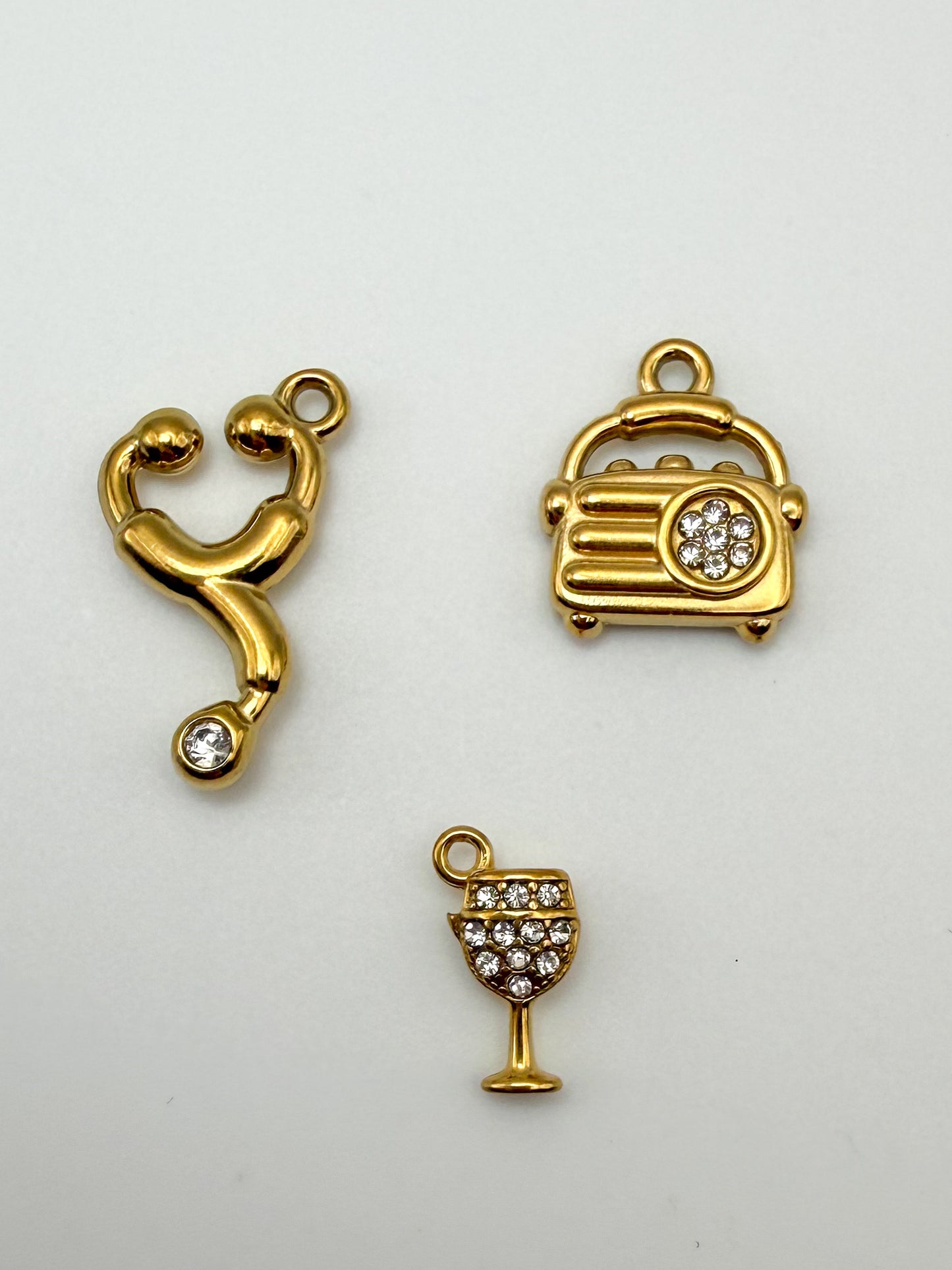 Stainless Steel Gold Household Items Radio Wine Glass & Stethoscope Charms