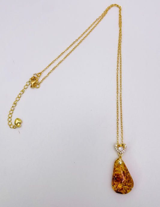 Natural Flower Amber Teardrop Crystal on 18k Gold plated S925 Sterling Silver Adjustable Chain