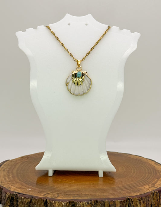 Nature’s Beauty Necklace-Natural Shell with Natural Turquoise Gemstone, Gold Stainless Steel Pendant Necklace