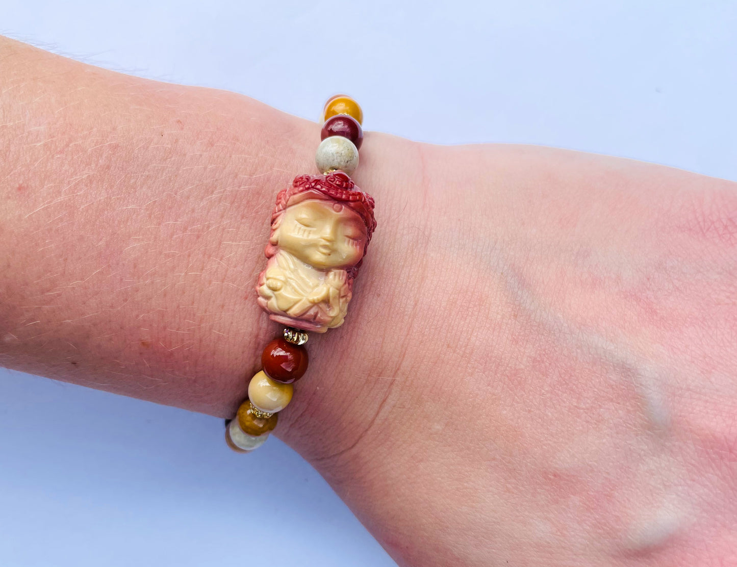 Natural Mooncake Alashan Agate Goddess Crystal Carving Beaded Stretch Adjustable Bracelet