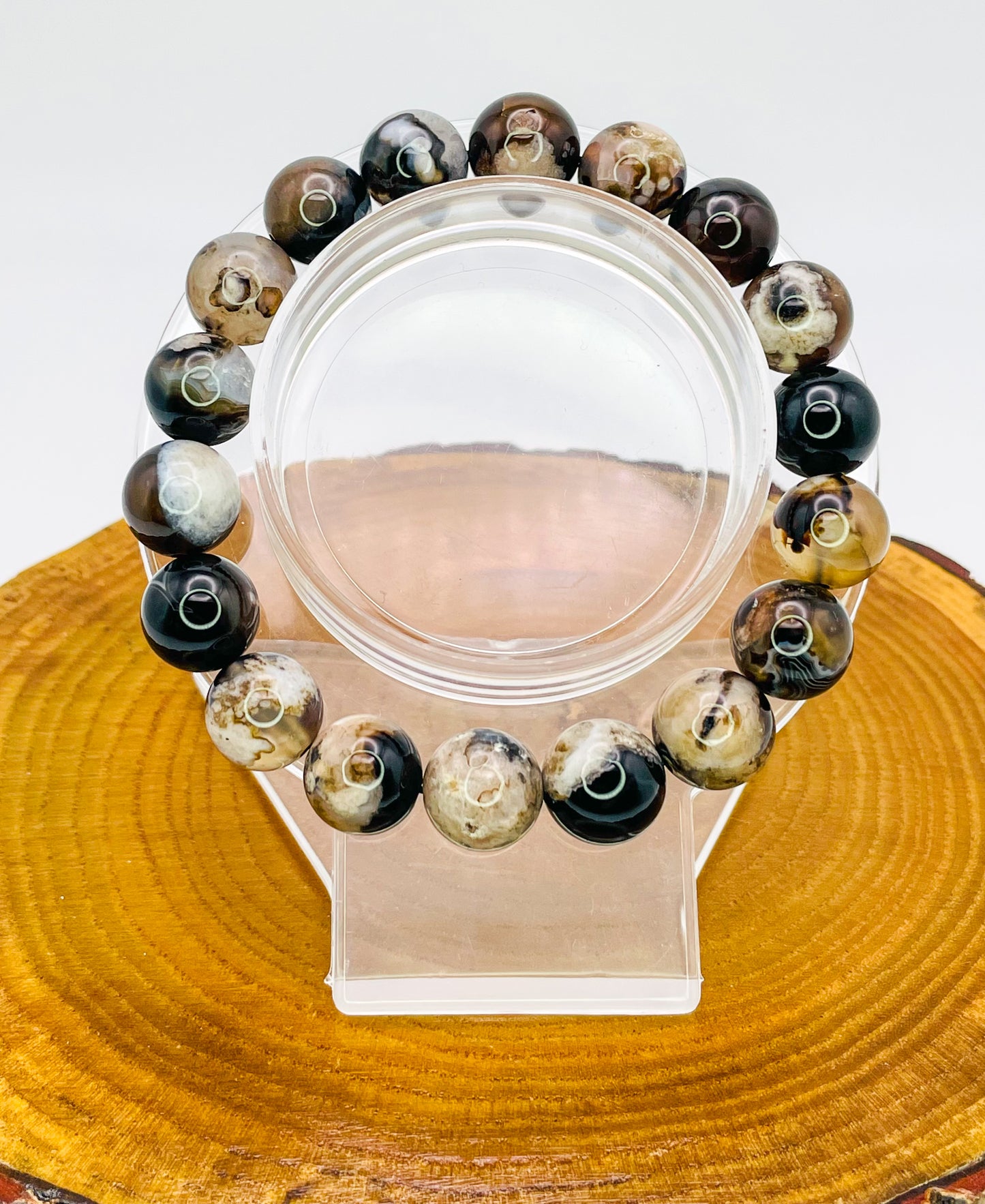 Natural Black Flower Agate Crystal Beaded Stretch Adjsutable Bracelet