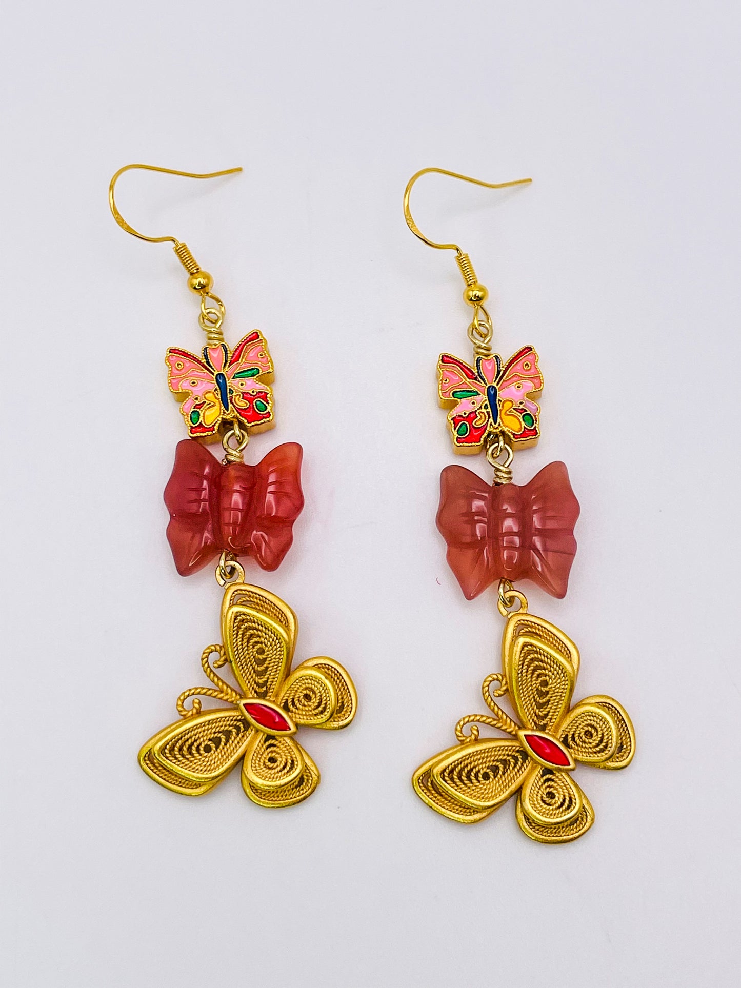 Triple Transformation Butterfly Earrings with Natural YanYuan Agate Butterfly Craved Beads