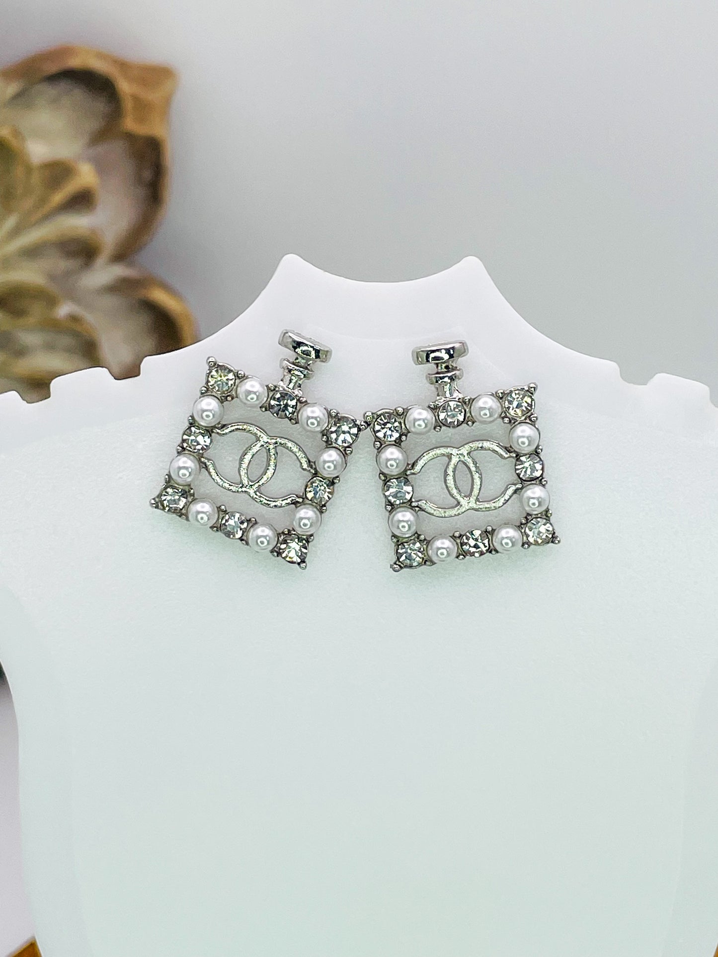 Silver CC Perfume Bottle Stud Earrings