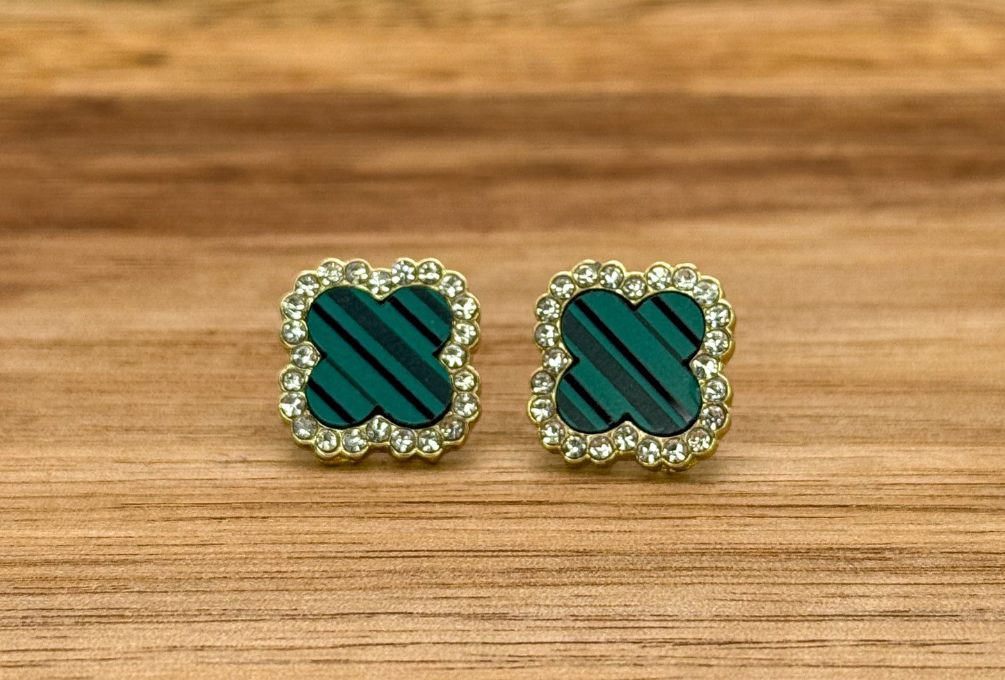 Malachite Green & Gold Clover Stud Earrings