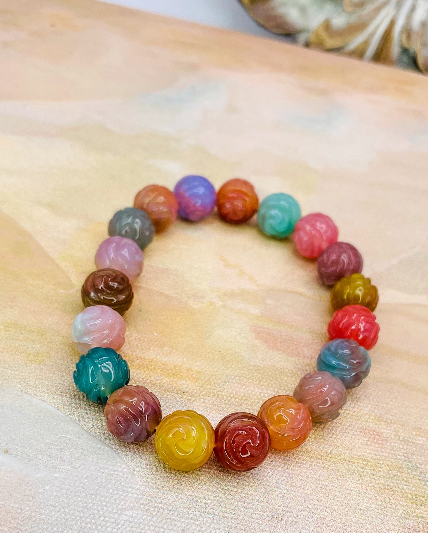 YanYuan Agate Rose Craved Beaded Bracelets