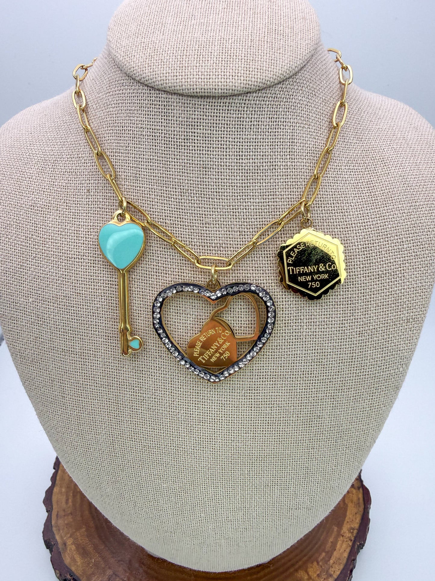 Gold Stainless Steel T&Co. Charm Necklace & Stud Earrings Jewelry Set