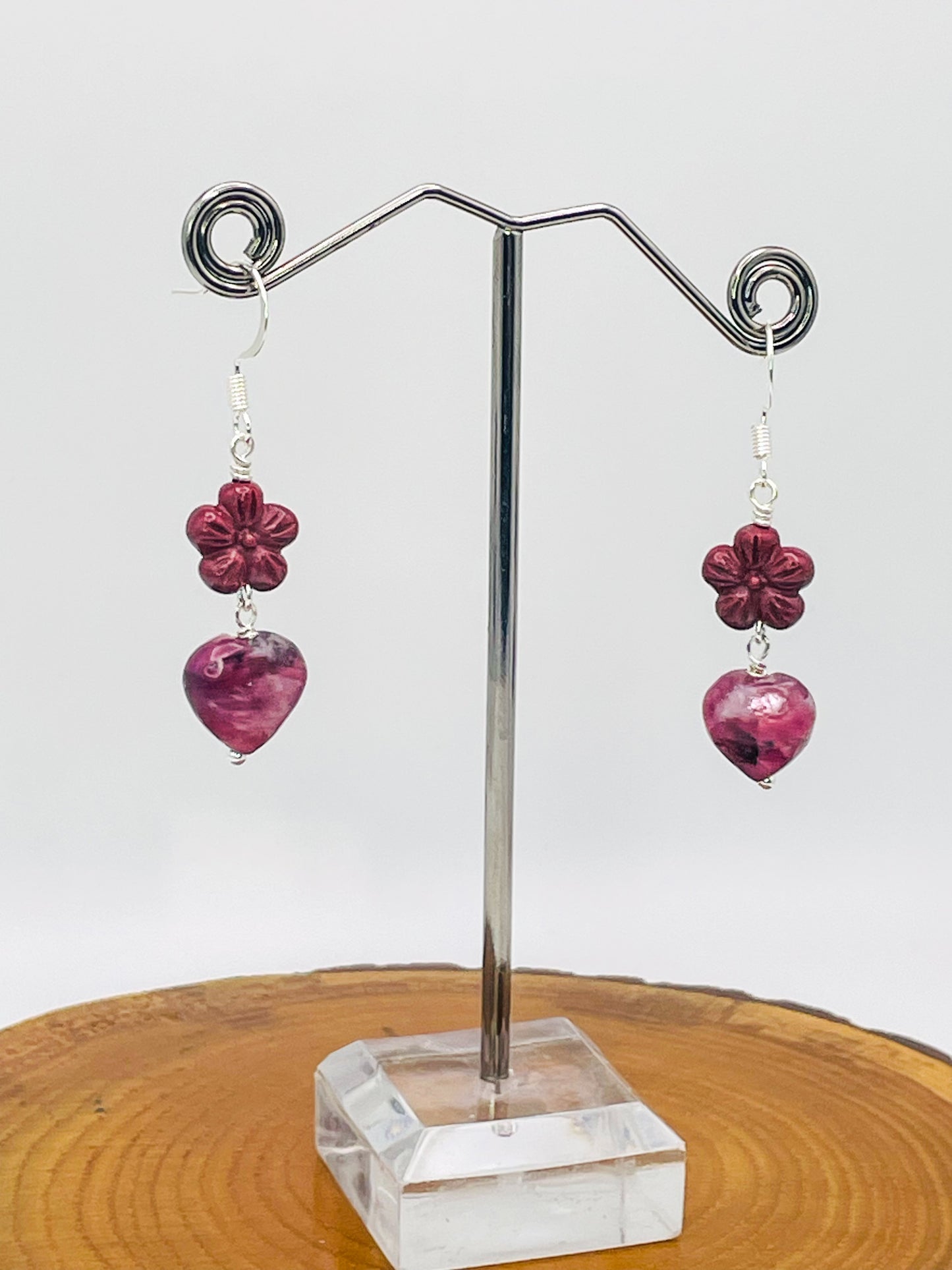 Purple Mica & Cinnabar Heart of Flowers Earrings