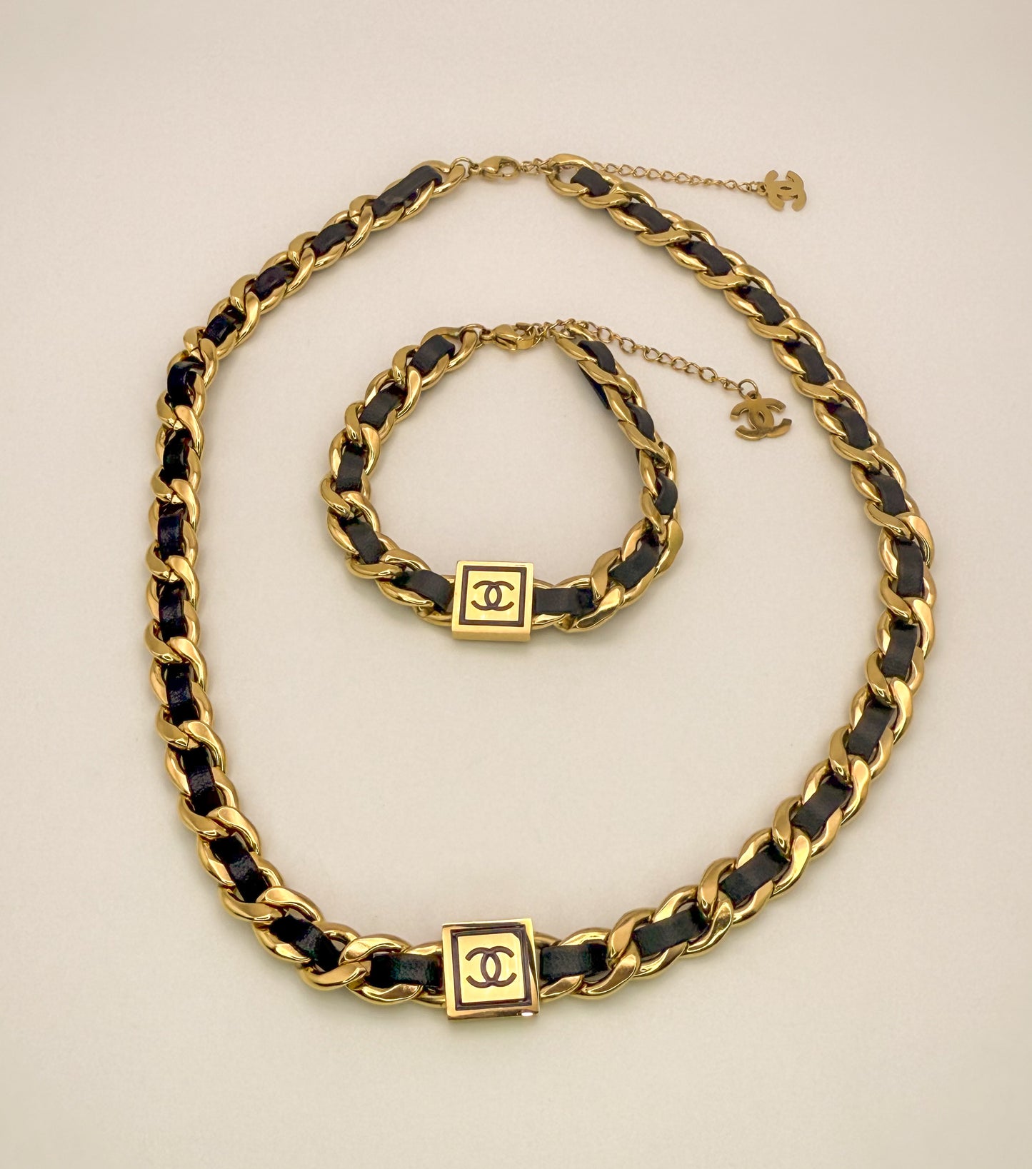 Chanel Gold & Leather Necklace Bracelet Set