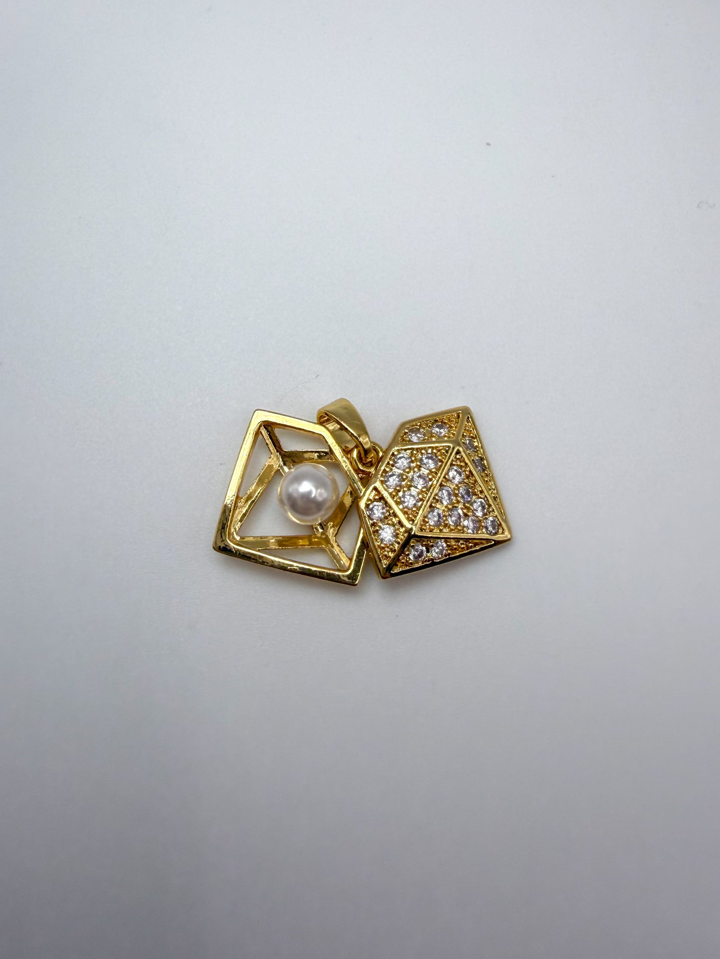 Double Open Gold Diamond with Center Pearl Charm Pendant