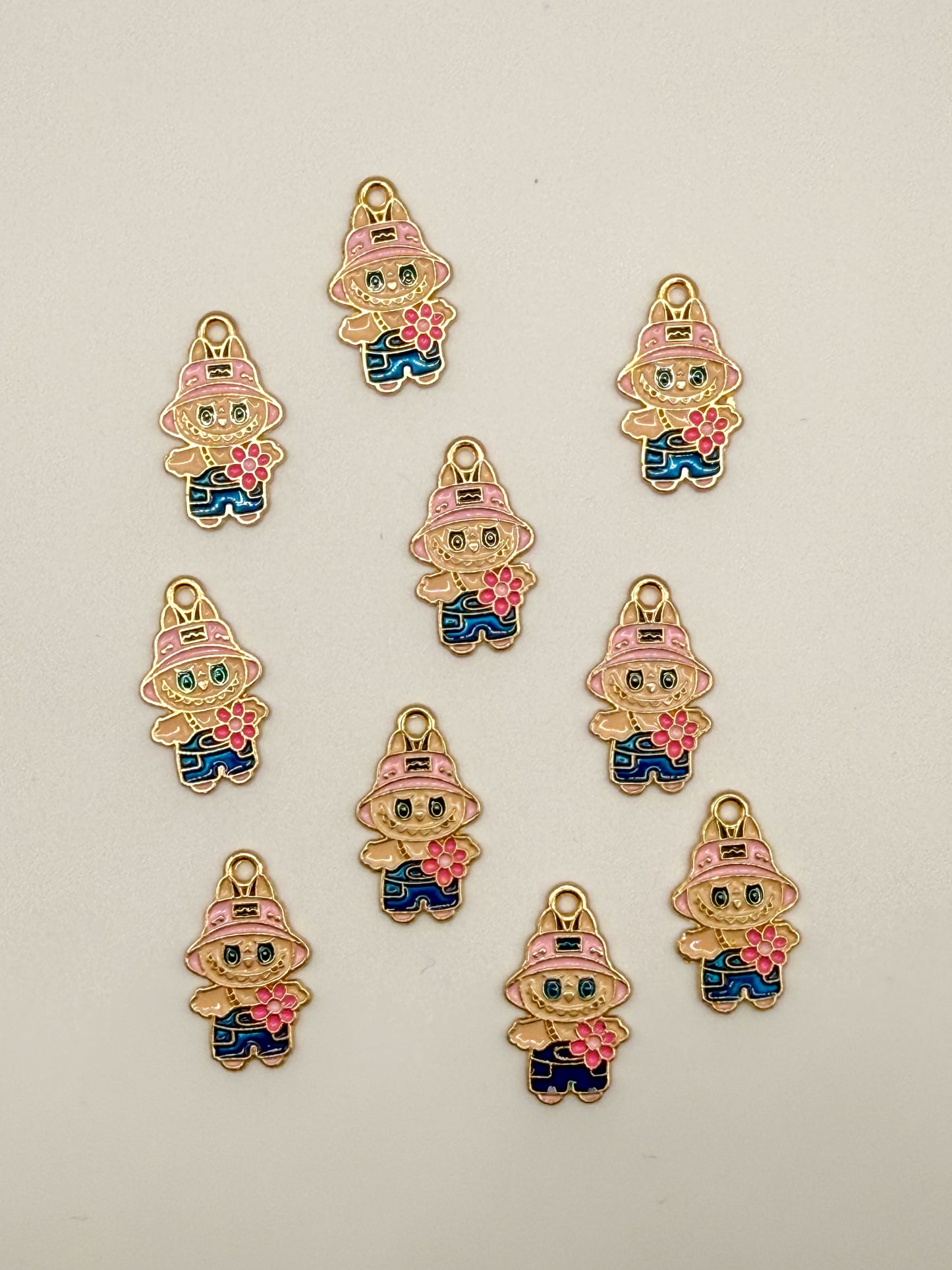 Pink Hat Labubu Gold Metal DIY Charm set
