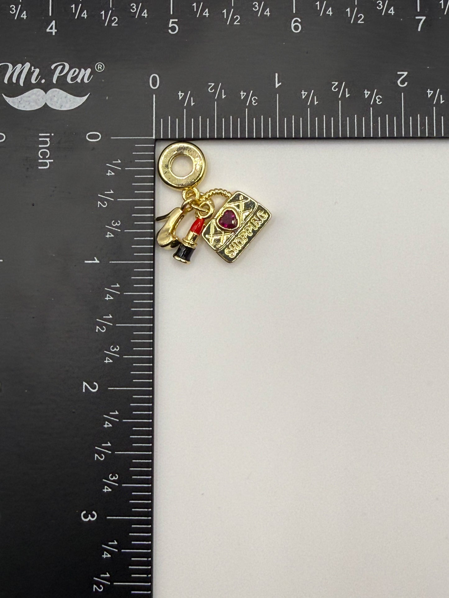Gold Pandora Style Shopping Theme High Heel Lipstick Purse Dangling Charm Bead