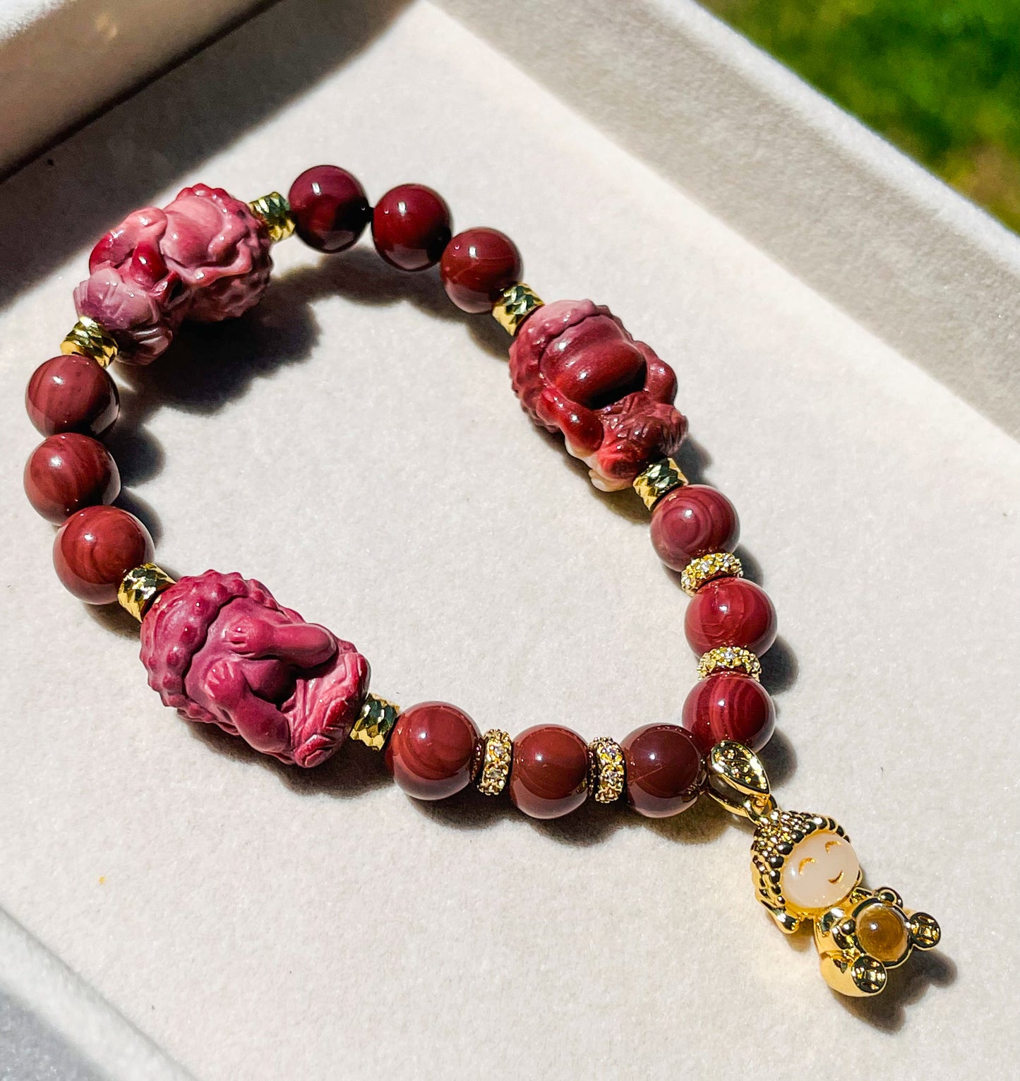 Hear, See & Speak No Evil Baby Budda Sitting on Lotus Natural Alashan Agate Crystal Carving Beaded Stretch Adjustable Bracelet