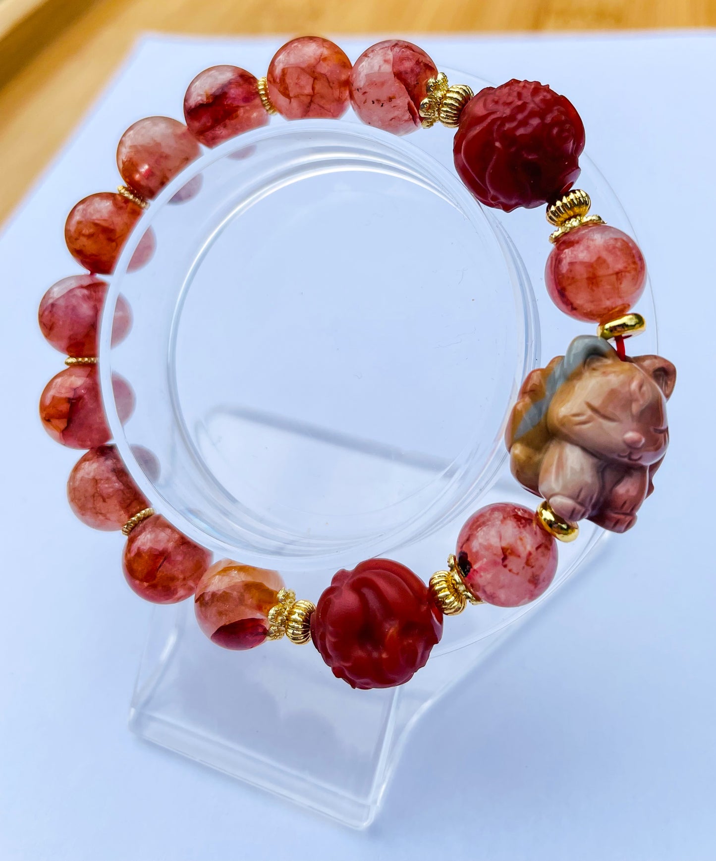 Natural Fire Quartz with Natural Alashan Agate & Red Jasper 9 Tailed Fox Crystal Carving Beaded Stretch Adjustable Bracelet