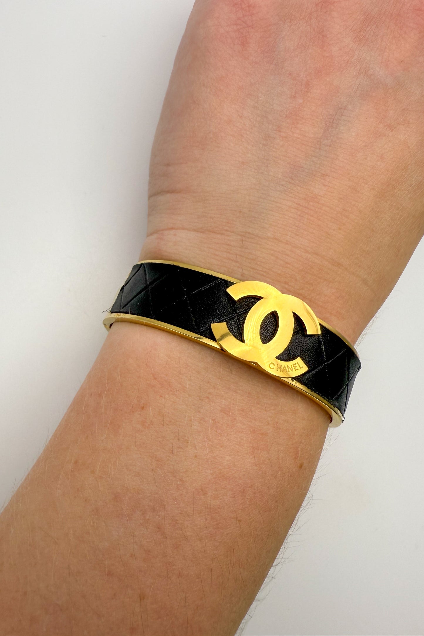 Thick Gold CC Bangle Bracelet with  Leather Wrap