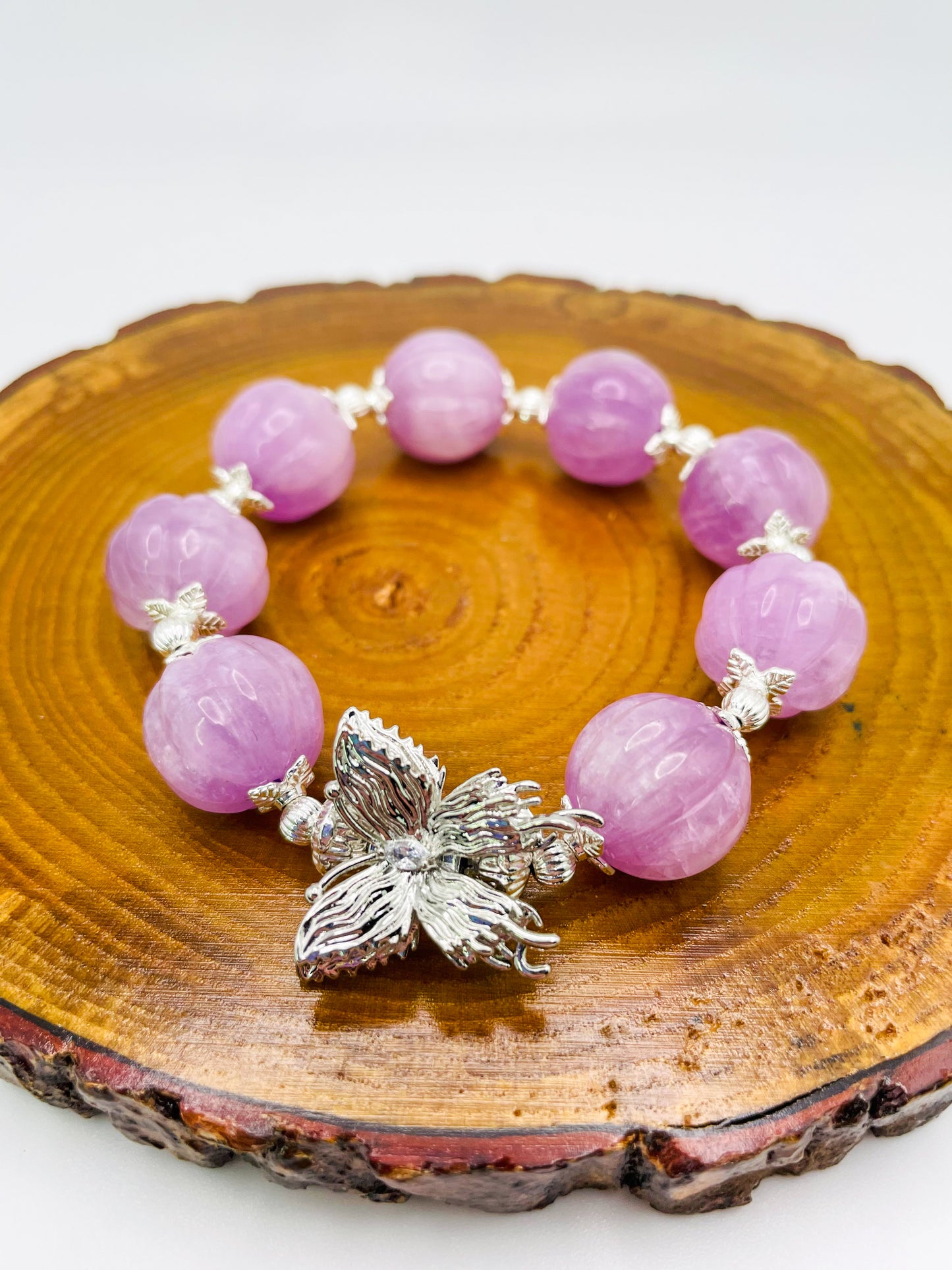 Natural Kunzite Pumpkin Craving Crystal Bracelet with Silver Double Butterfly Charm