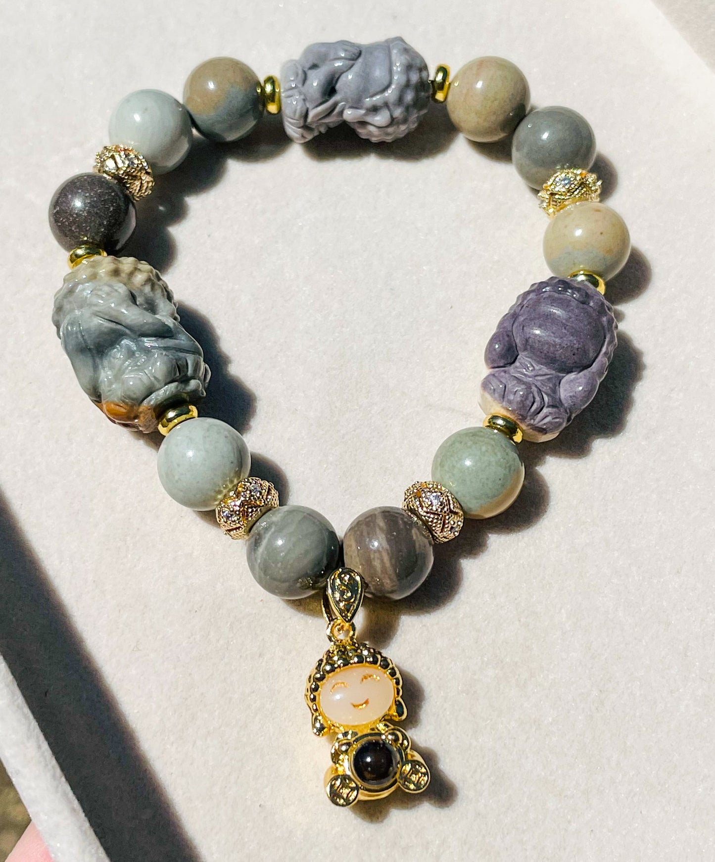 Hear, See & Speak No Evil Baby Budda Sitting on Lotus Natural Alashan Agate Crystal Carving Beaded Stretch Adjustable Bracelet