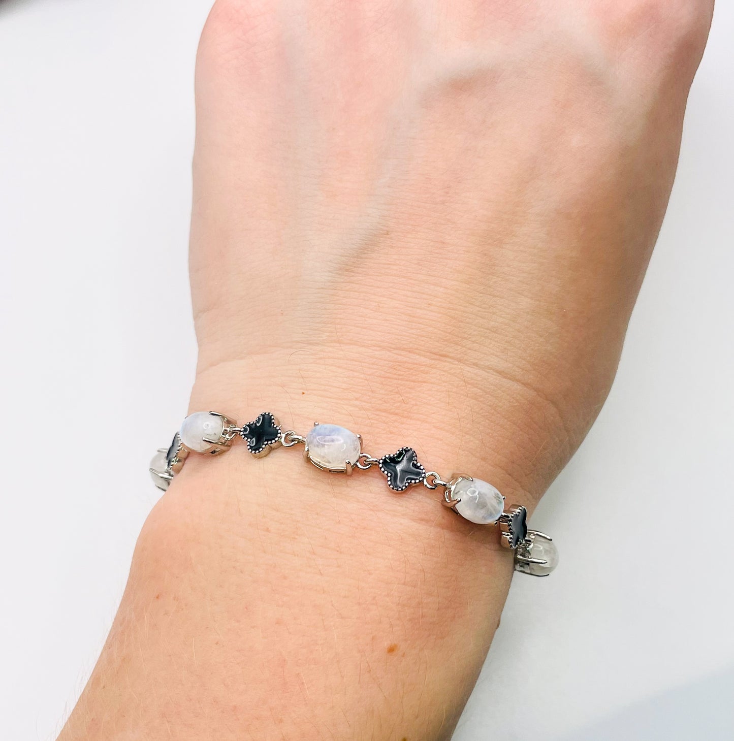 Natural Blue Moonstone LV Clover  Silver Chain Adjustable Bracelet