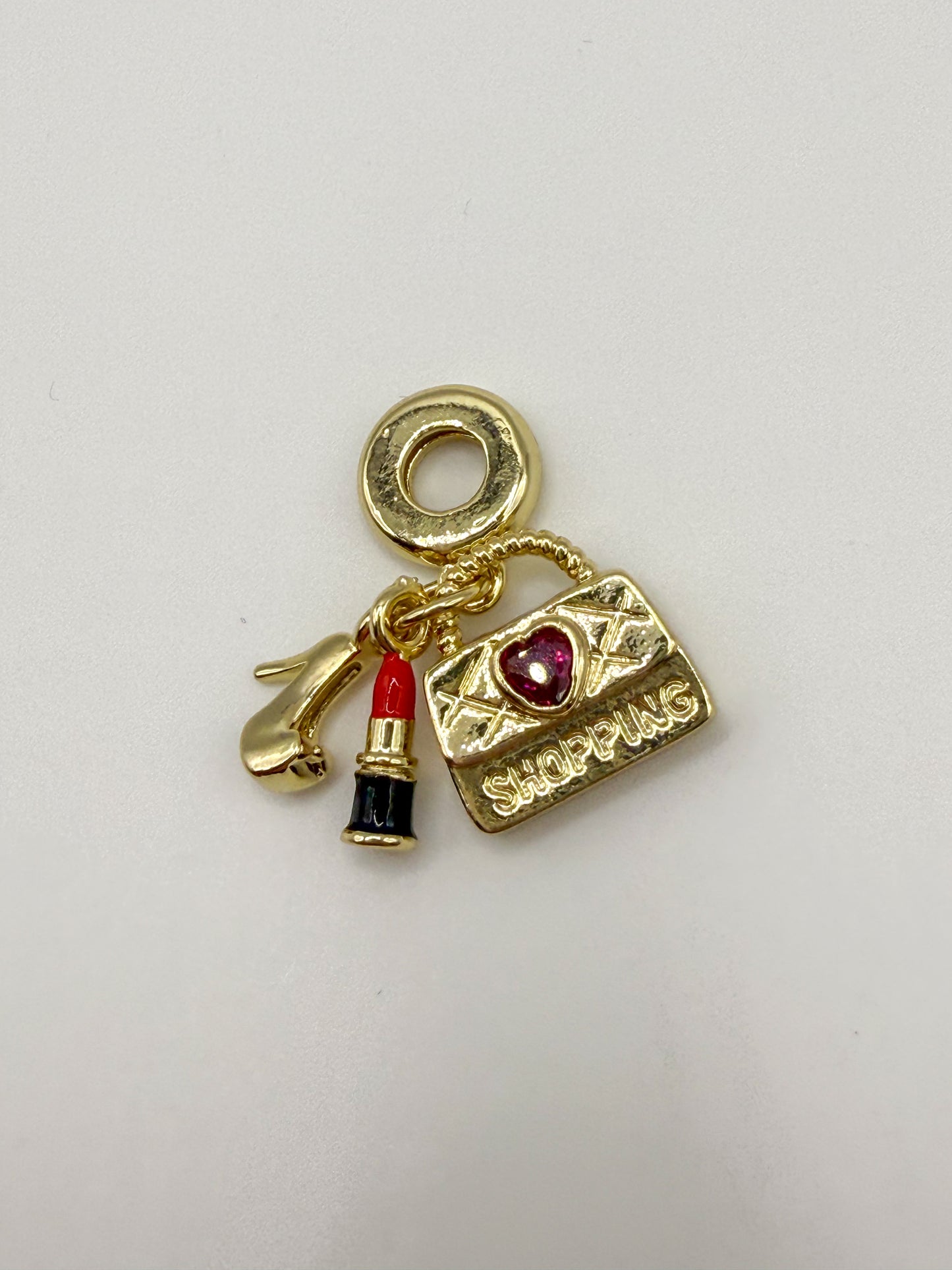 Gold Pandora Style Shopping Theme High Heel Lipstick Purse Dangling Charm Bead