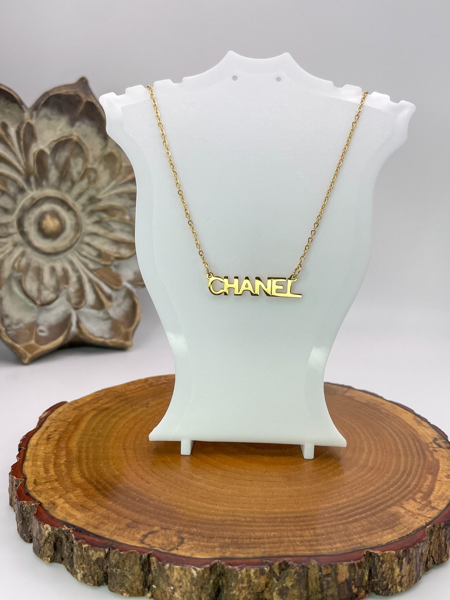 Designer CC Name Plate Gold Stainless Steel Necklace