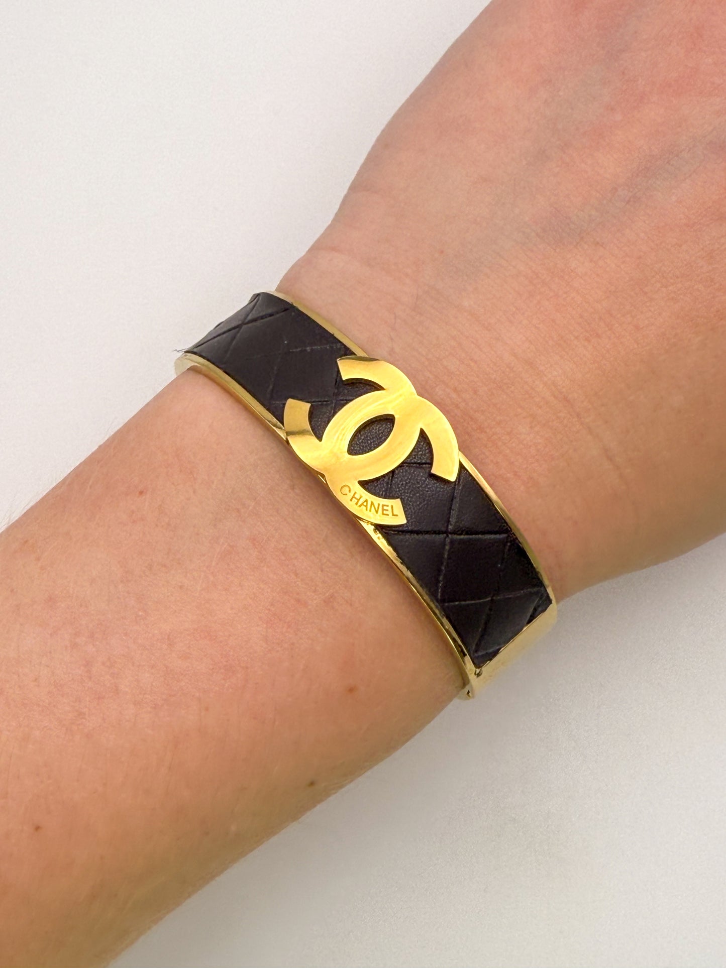 Thick Gold CC Bangle Bracelet with  Leather Wrap