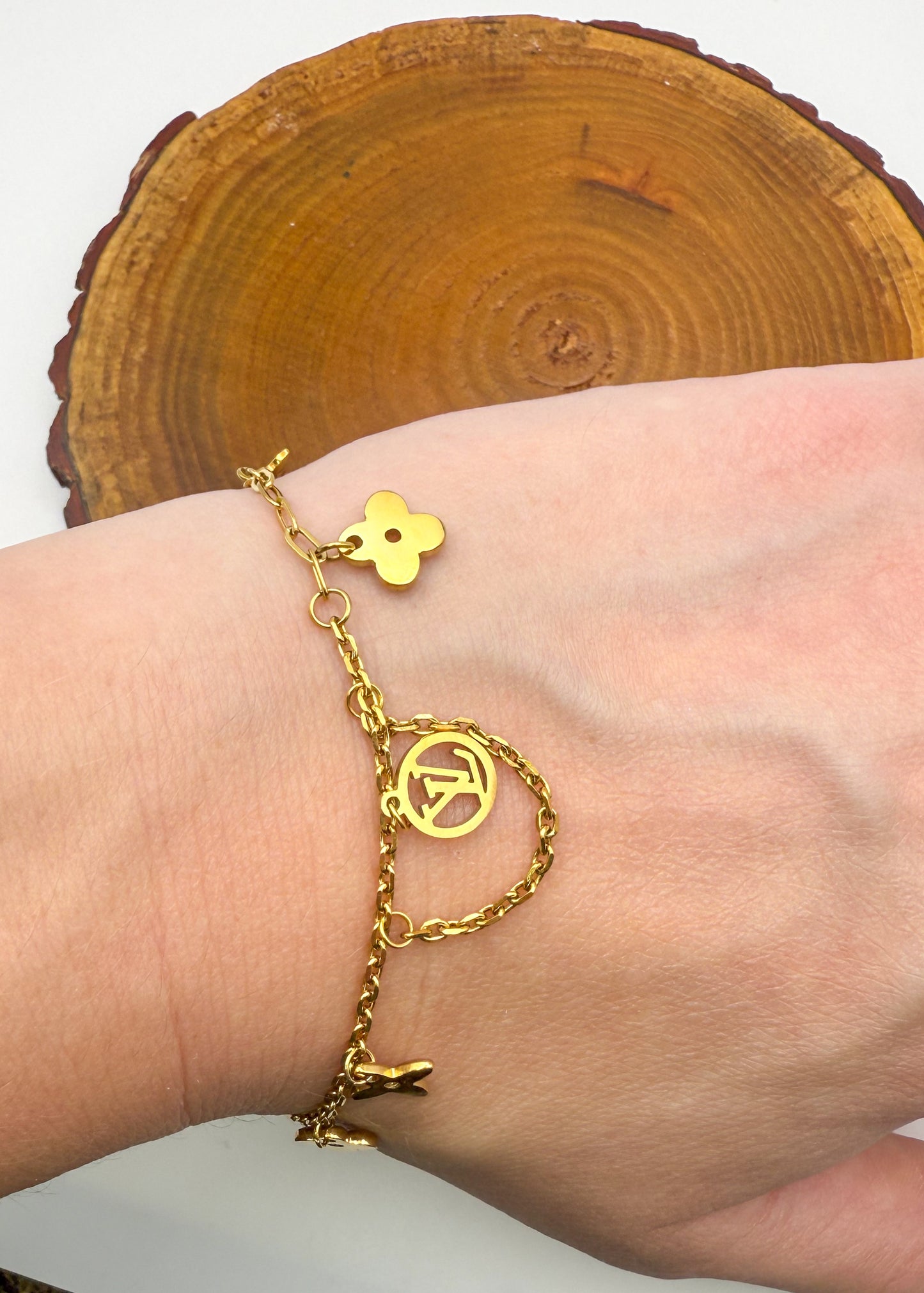 Matching LV Designer Logo Gold Stainless Steel Necklace & Bracelet Set