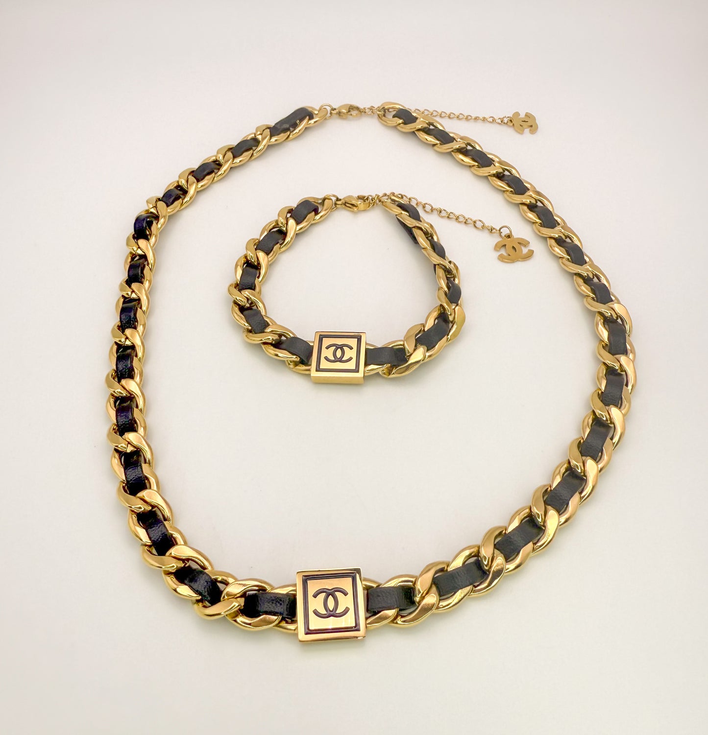 Chanel Gold & Leather Necklace Bracelet Set