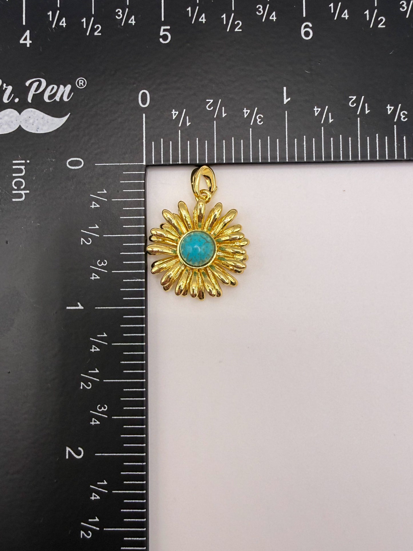 Gold Daisy with Turquoise Gem Charm Pendant