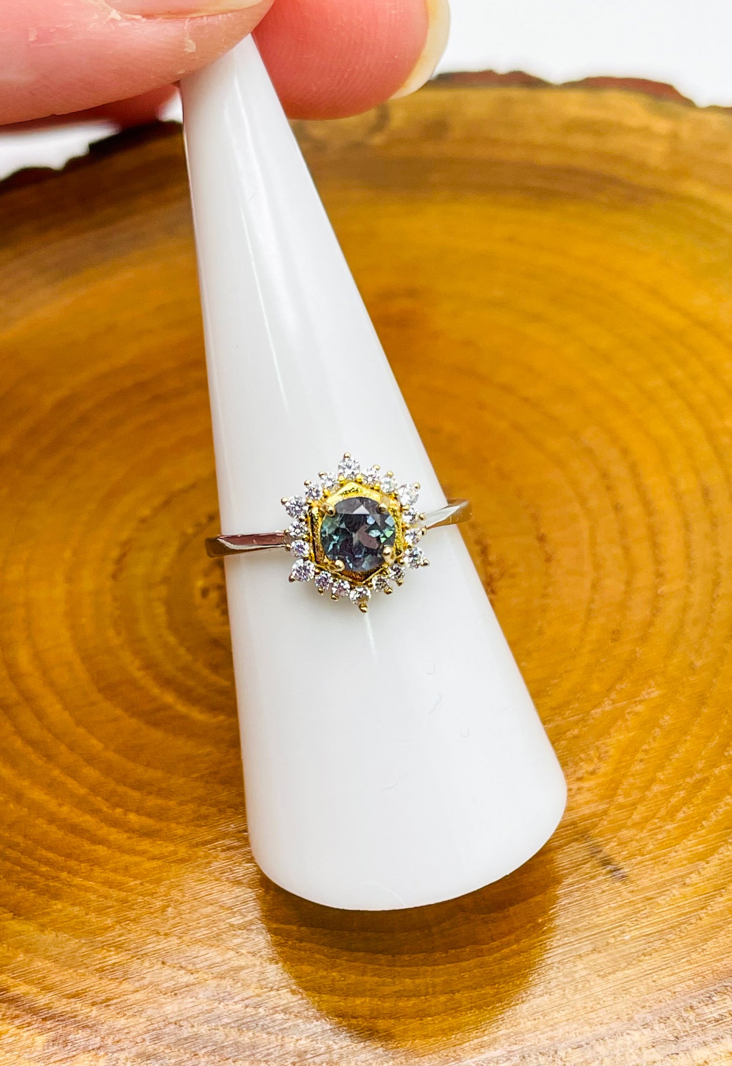 Sterling Silver Alexandrite Gold Blooming Flower Adjustable Ring