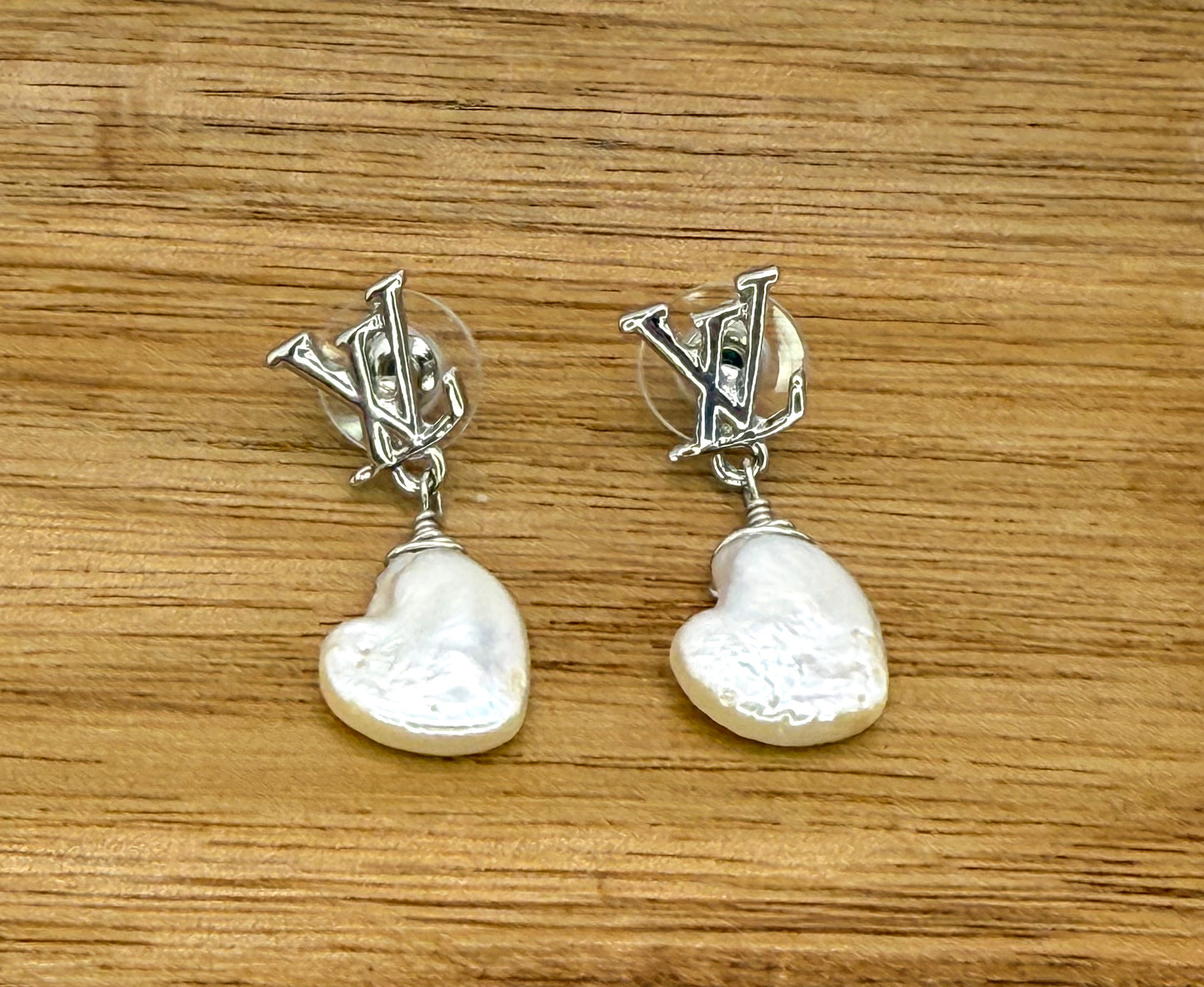 Silver LV Designer Stud Earrings with Heart Shaped Natural Freshwater Pearls