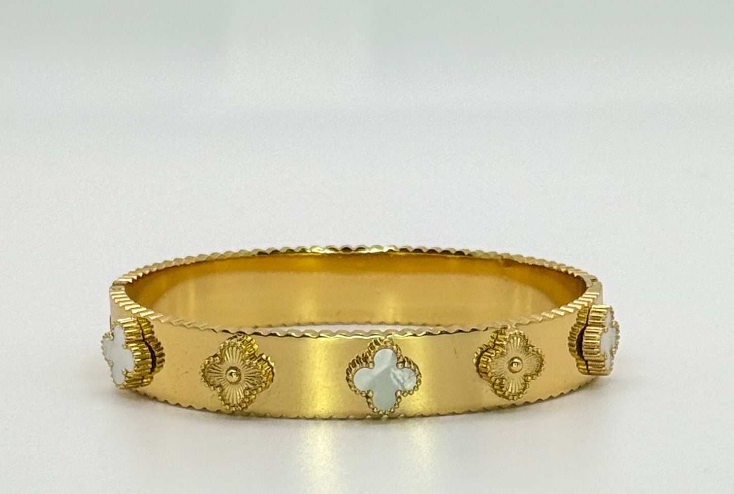 Gold with Mother of Pearl Shell Clover Bangle Bracelet