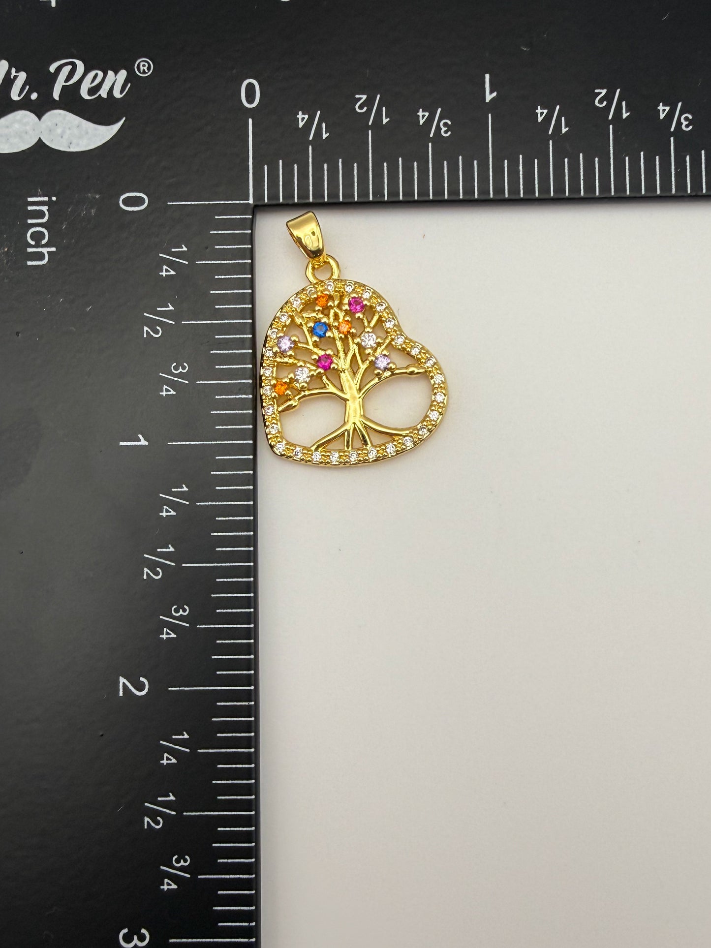 Gold Colorful Zircon Tree of Life Heart Charm Pendant