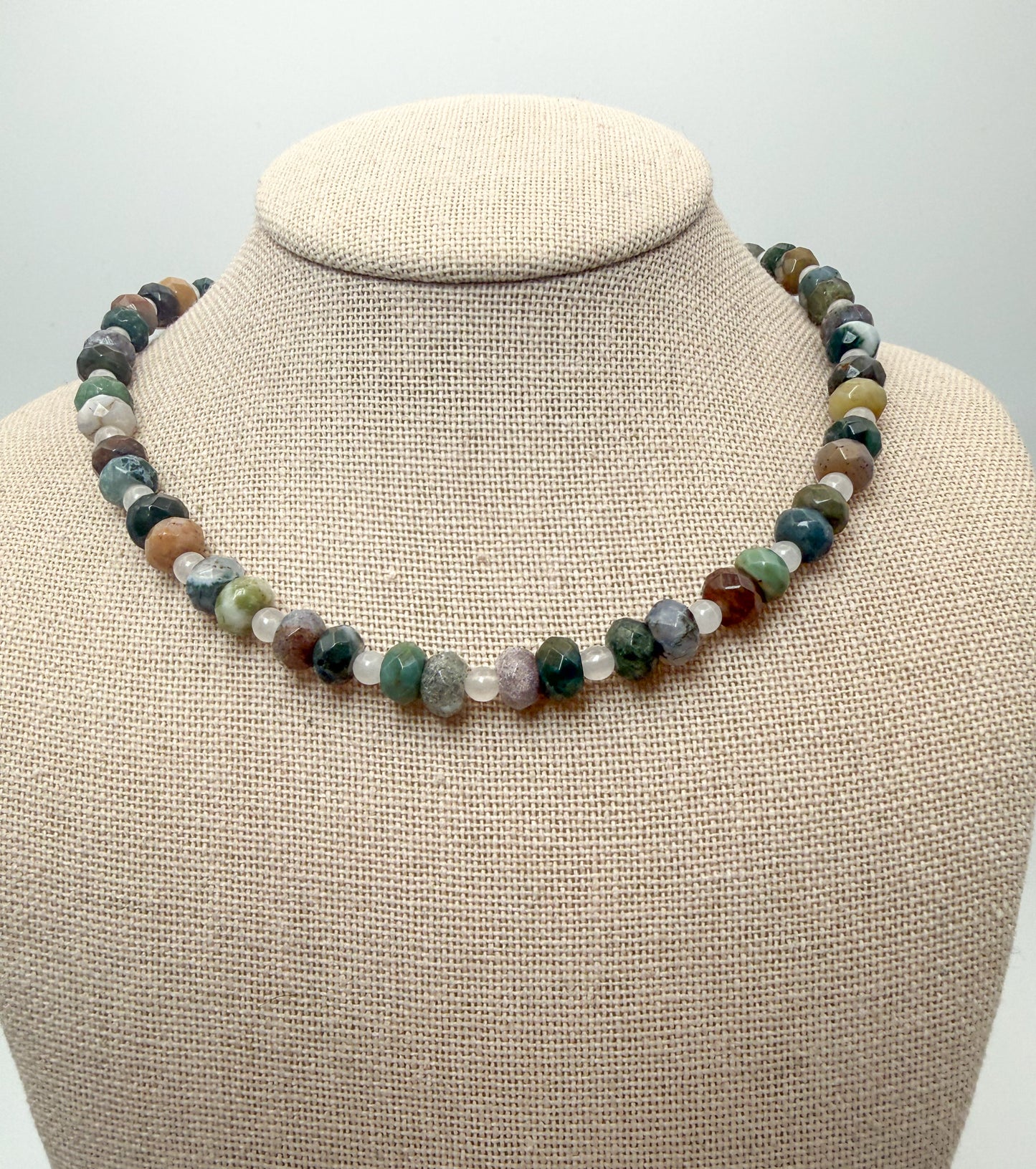 Natural Indian Agate Crystal Gemstone Faceted Donut Style Beaded Necklace