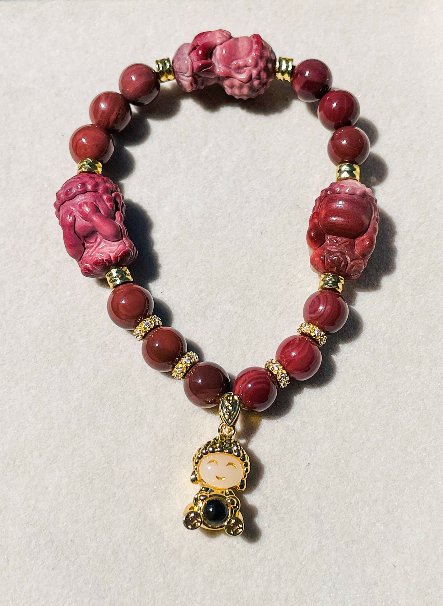 Hear, See & Speak No Evil Baby Budda Sitting on Lotus Natural Alashan Agate Crystal Carving Beaded Stretch Adjustable Bracelet