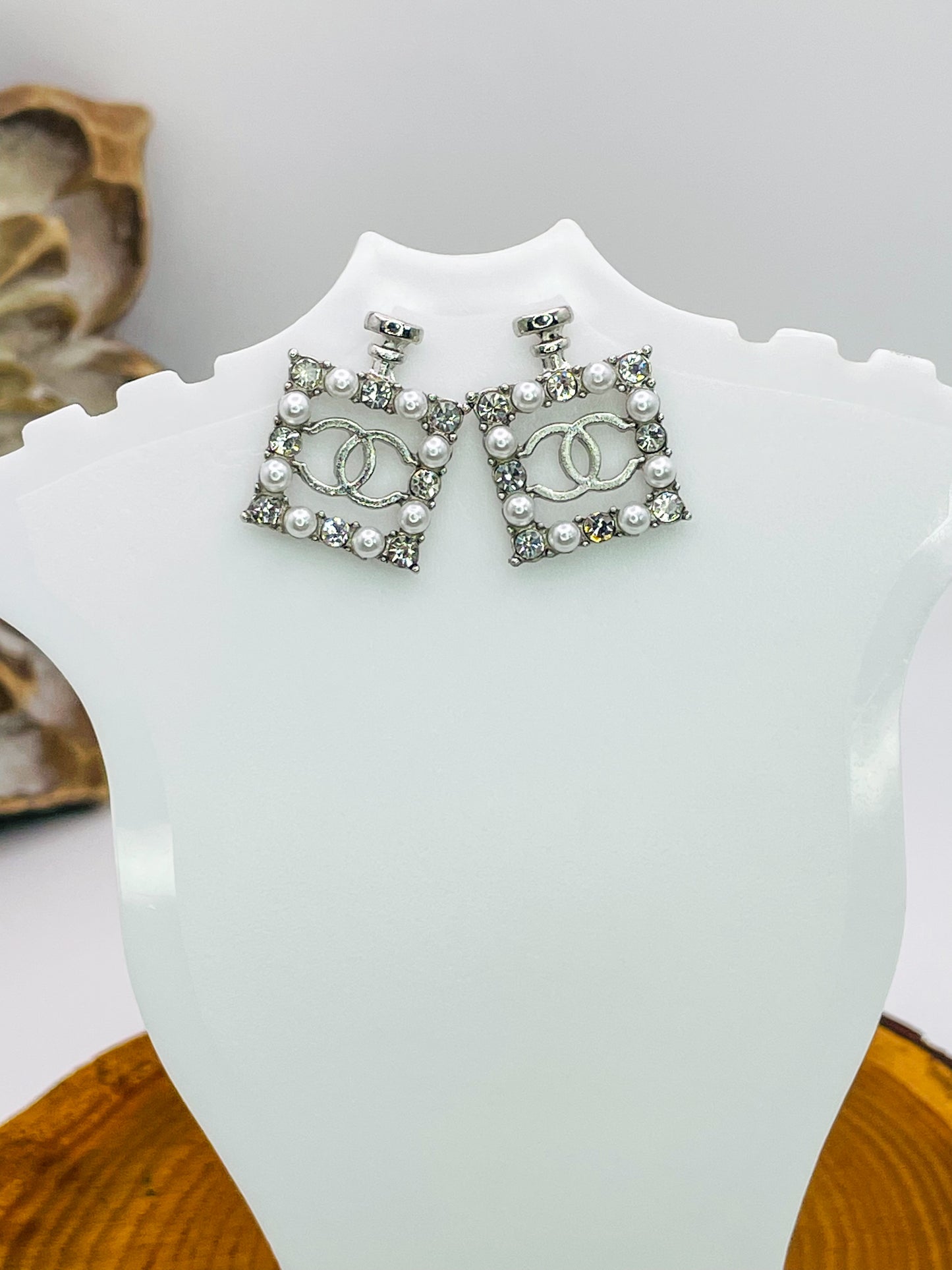 Silver CC Perfume Bottle Stud Earrings