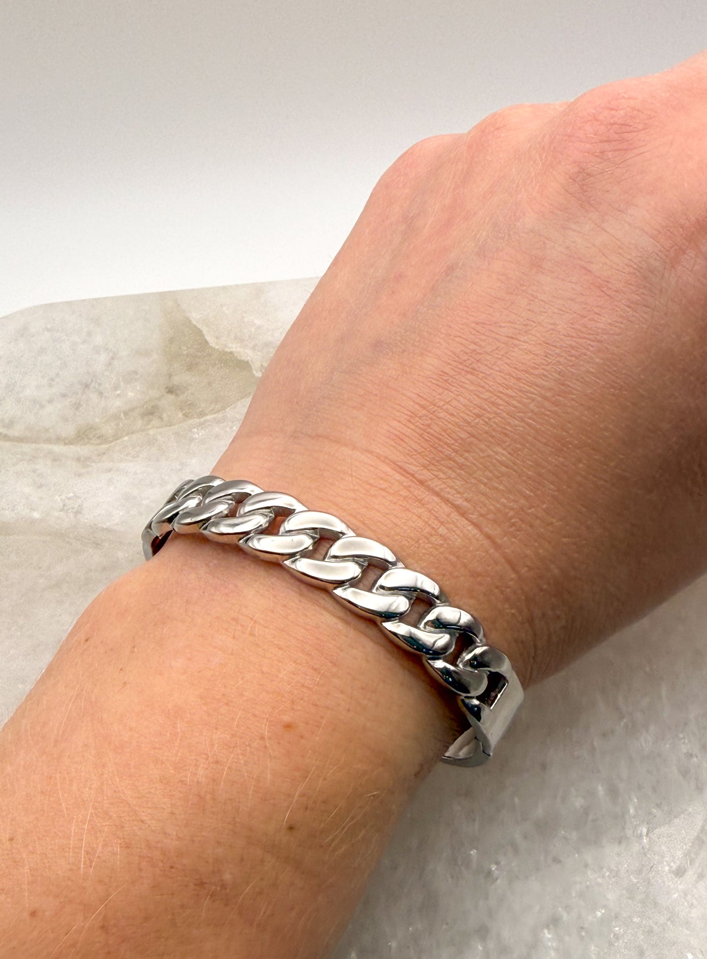 Silver Stainless Steel Cuban Chain Link Bangle Bracelet