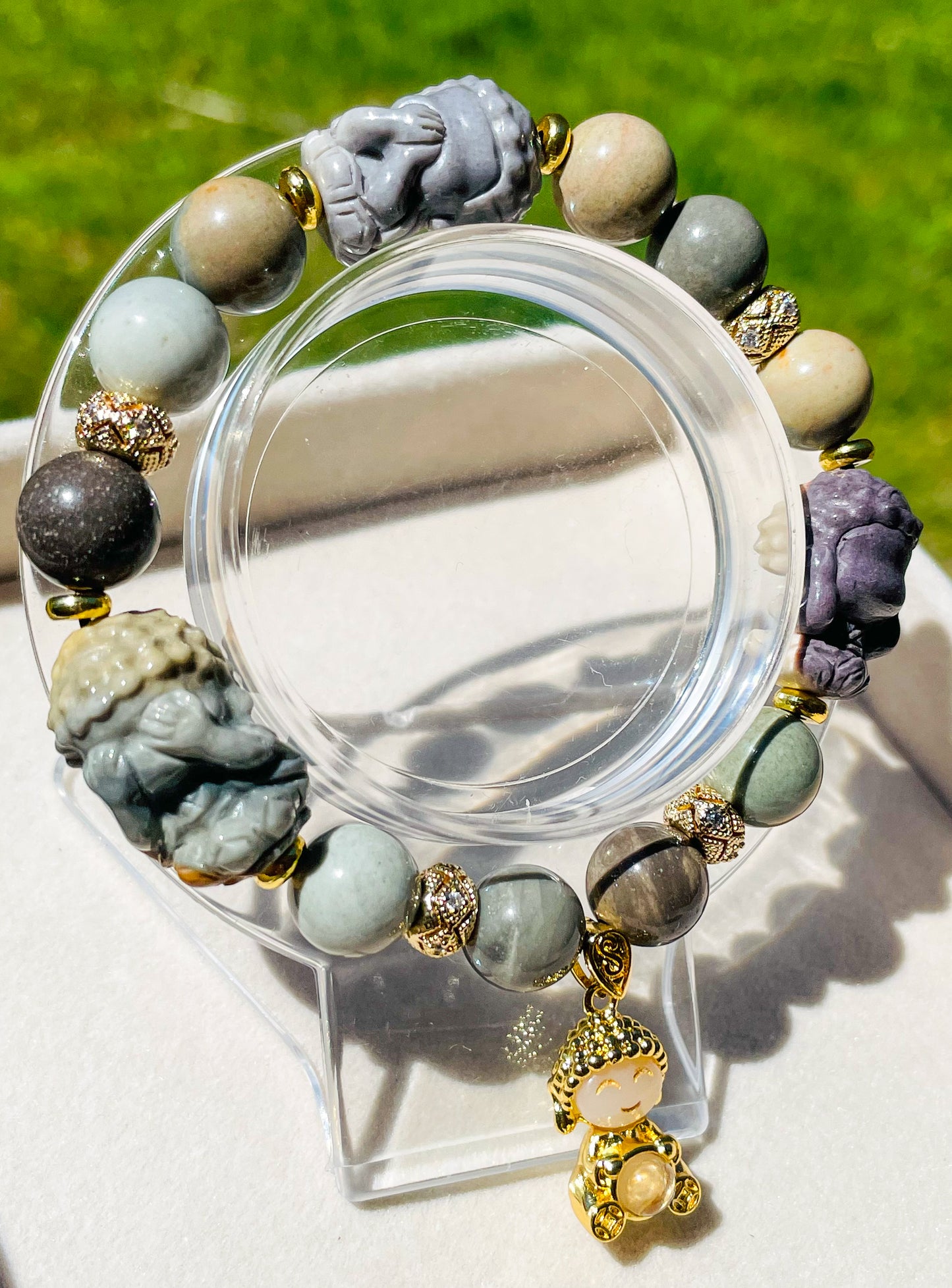 Hear, See & Speak No Evil Baby Budda Sitting on Lotus Natural Alashan Agate Crystal Carving Beaded Stretch Adjustable Bracelet