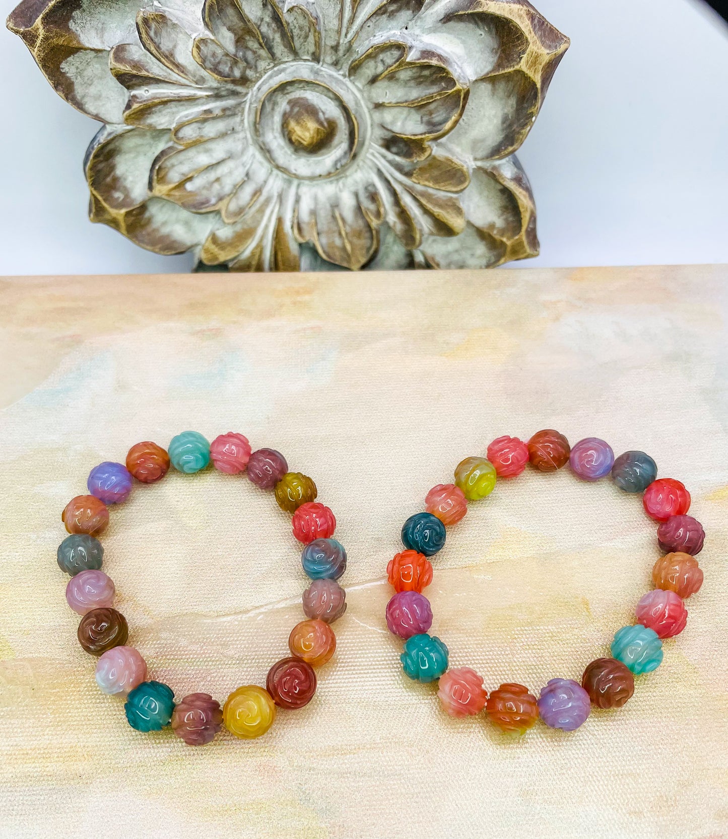 YanYuan Agate Rose Craved Beaded Bracelets